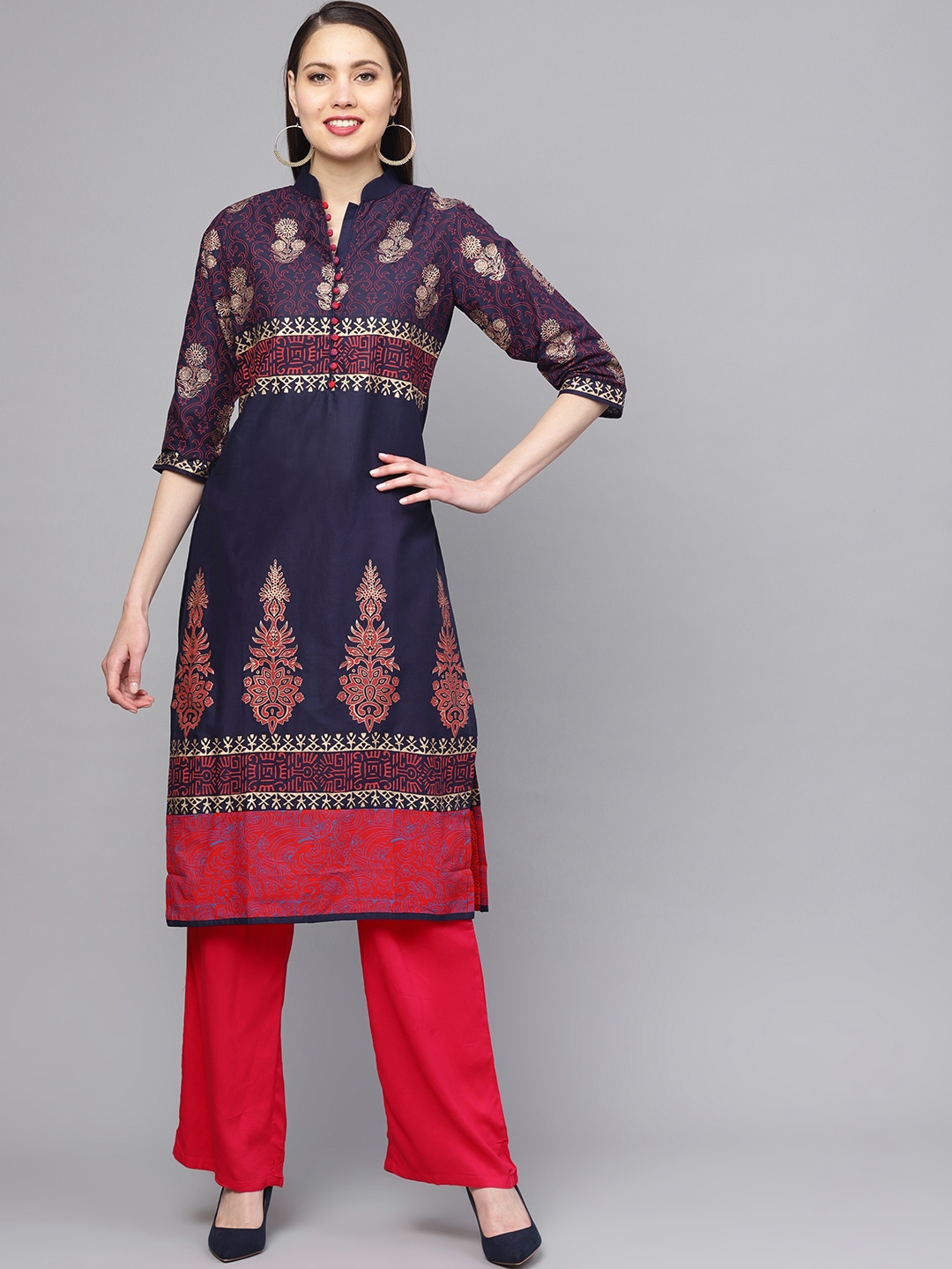 

ZOEYAMS Women Navy Blue & Golden Printed Straight Kurta