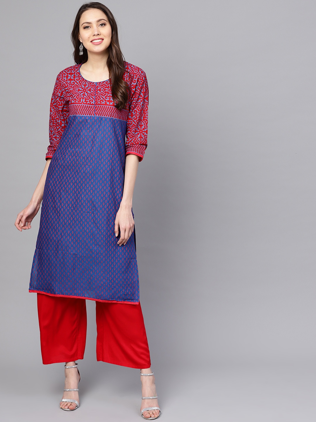 

ZOEYAMS Women Blue & Red Block Print A-Line Kurta