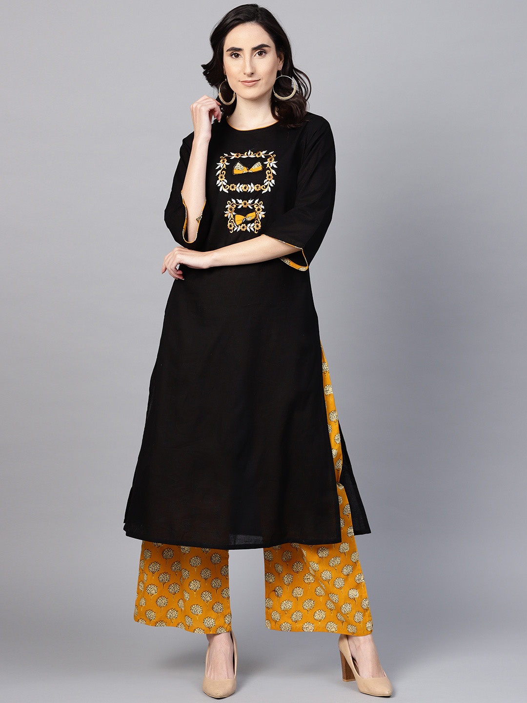 

ZOEYAMS Women Black & Mustard Yellow Yoke Design Kurta with Palazzos