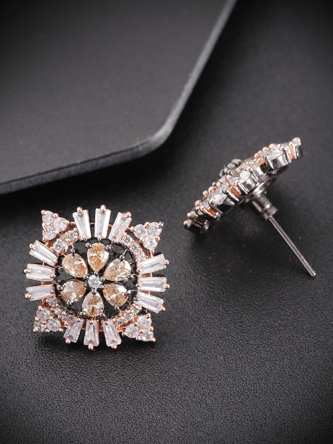 

Priyaasi Gunmetal-Toned Gold-Plated American Diamond Studded Floral Studs, Metallic
