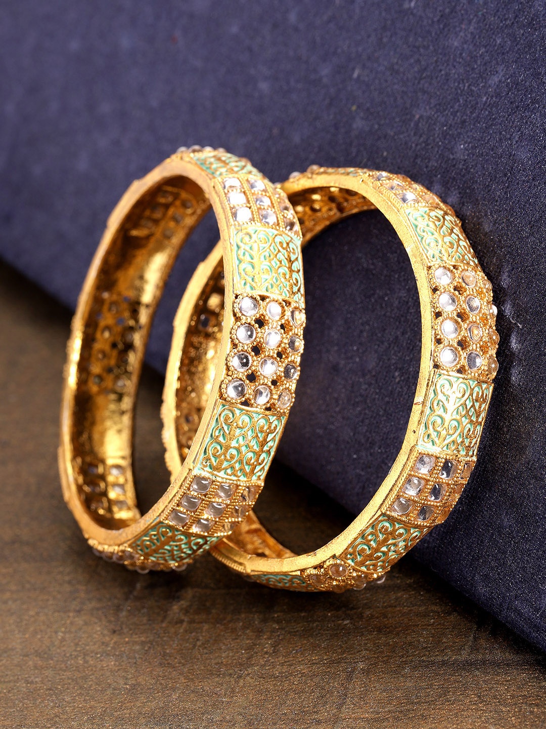 

Priyaasi Set of 2 Green Gold-Plated Stone-Studded & Enamelled Handcrafted Bangles
