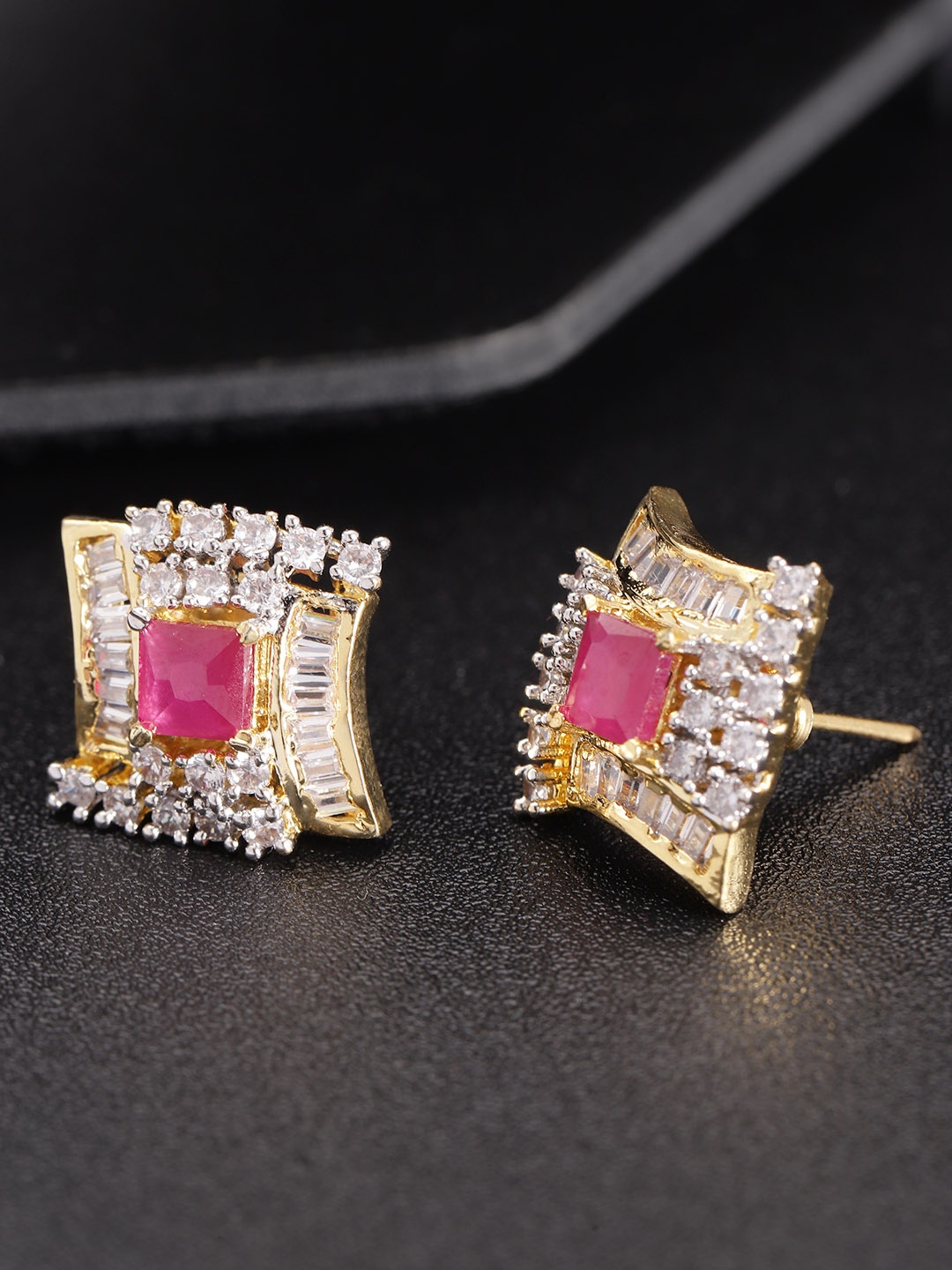 

Priyaasi Magenta Gold-Plated Stone-Studded Geometric Studs