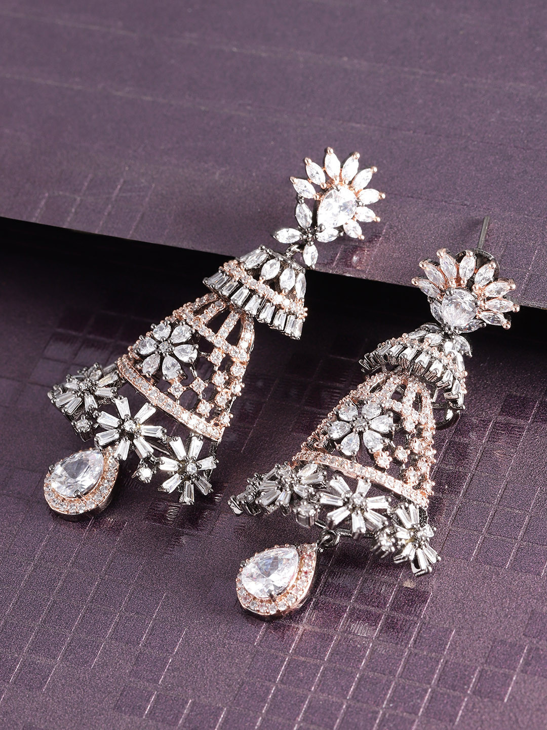 

Priyaasi Gunmetal-Toned & Rose Gold-Toned Rhodium-Plated CZ Studded Drop Earrings, Metallic