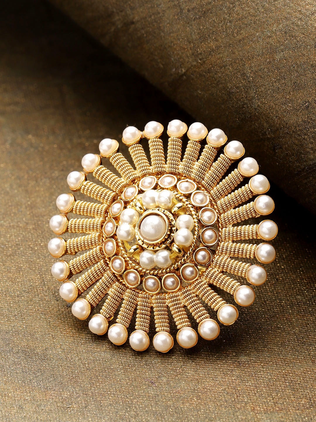 

Priyaasi Gold-Plated & Off-White Handcrafted Beaded Adjustable Finger Ring