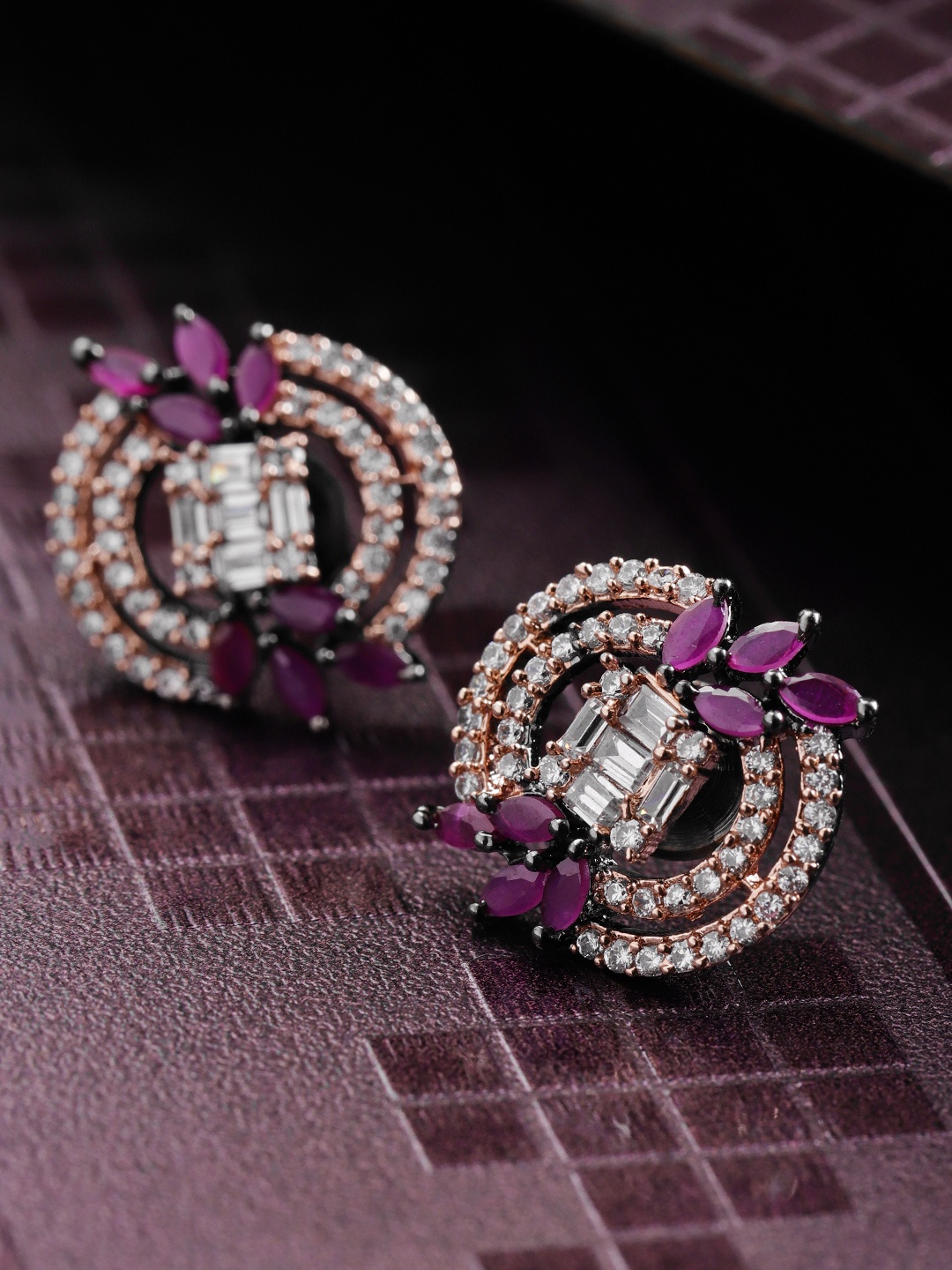 

Priyaasi Gunmetal-Toned Magenta Gold-Plated Circular Studs, Metallic