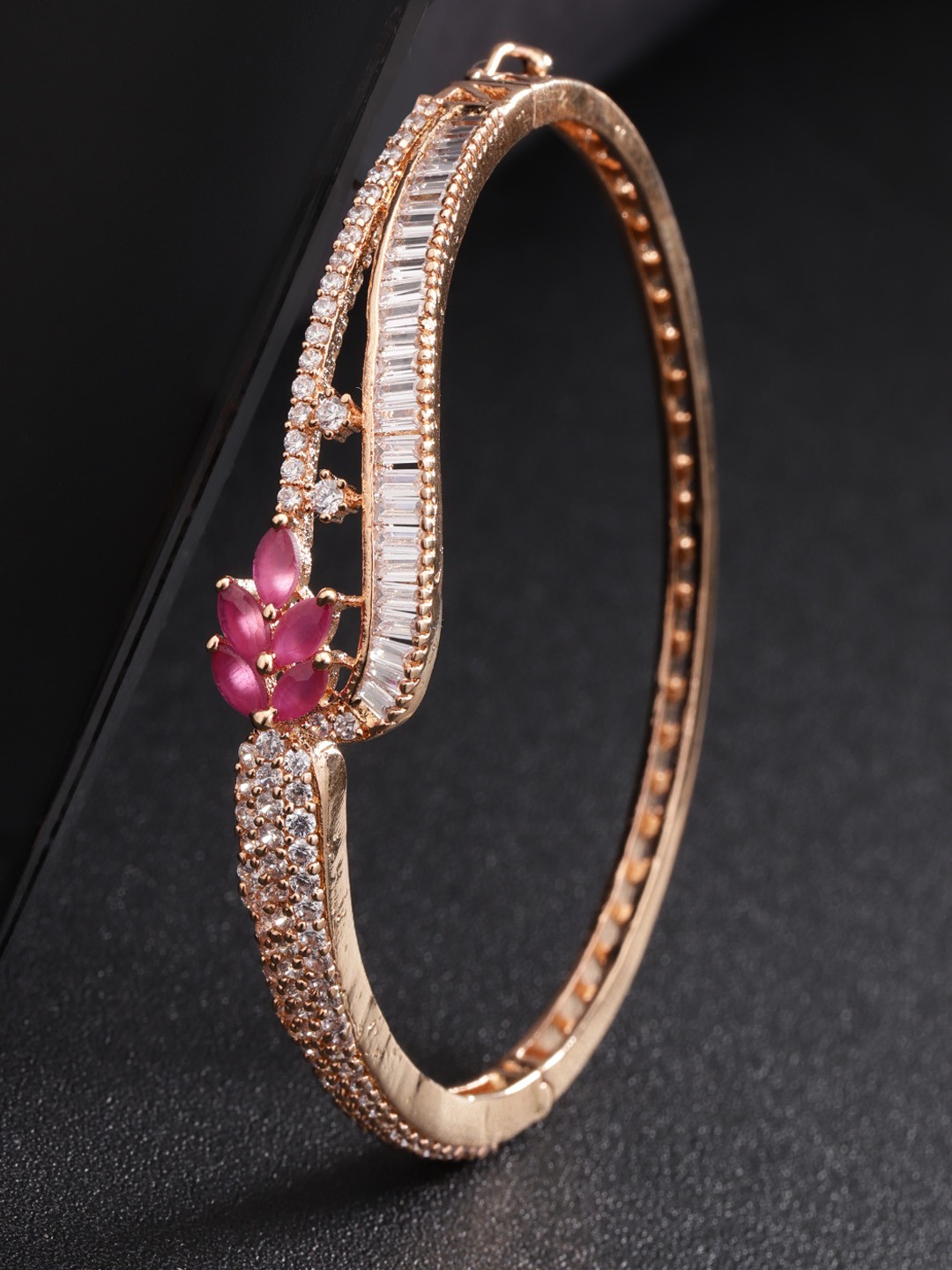 

Priyaasi Magenta Rose Gold-Plated American Diamond Handcrafted Bangle-Style Bracelet