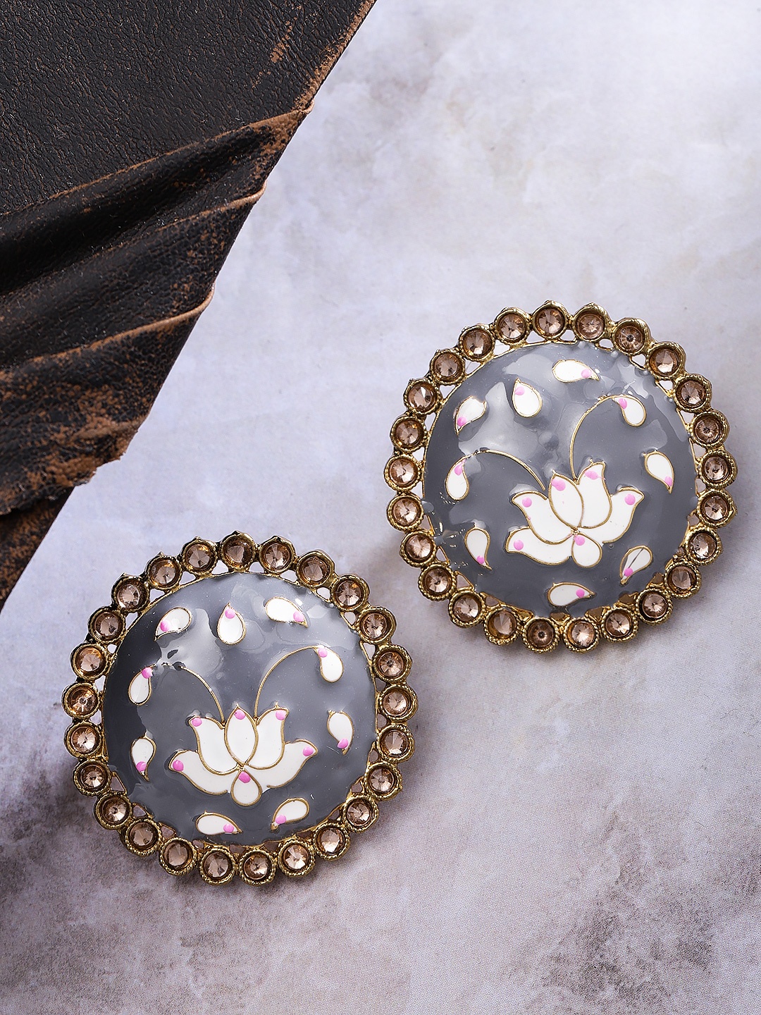 

Priyaasi Gold-Plated & Grey Hand Painted Circular Drop Earrings Studs