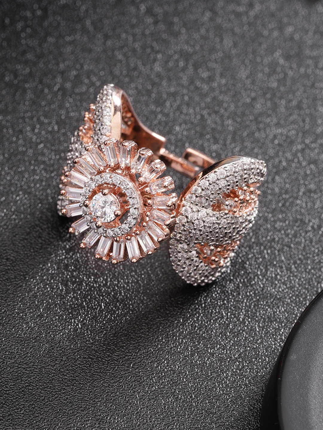 

Priyaasi Rose Gold-Plated Handcrafted American Diamond Studded Adjustable Finger Ring