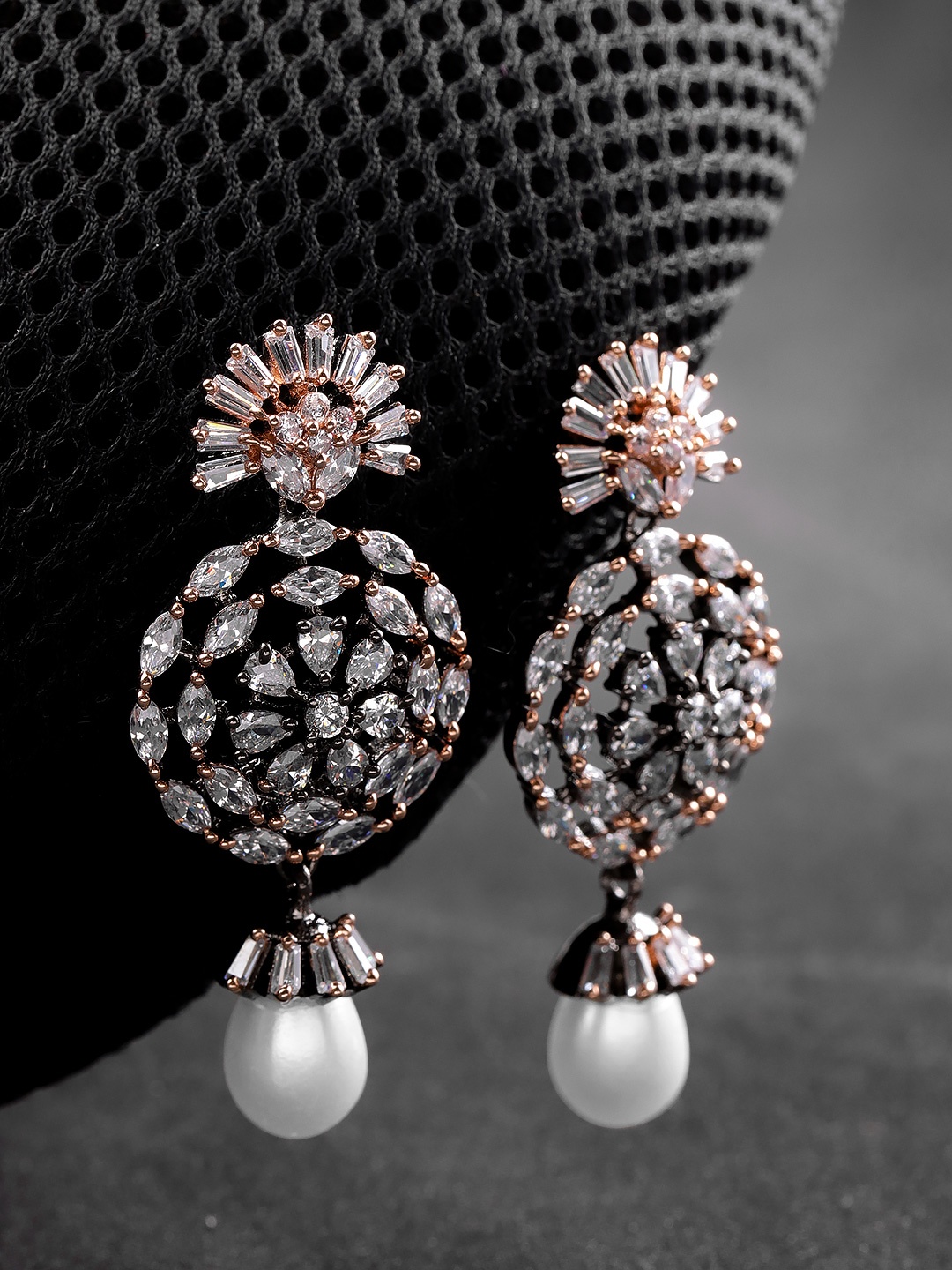 

Priyaasi Gunmetal-Toned & Off-White Gold-Plated Contemporary Drop Earrings, Metallic