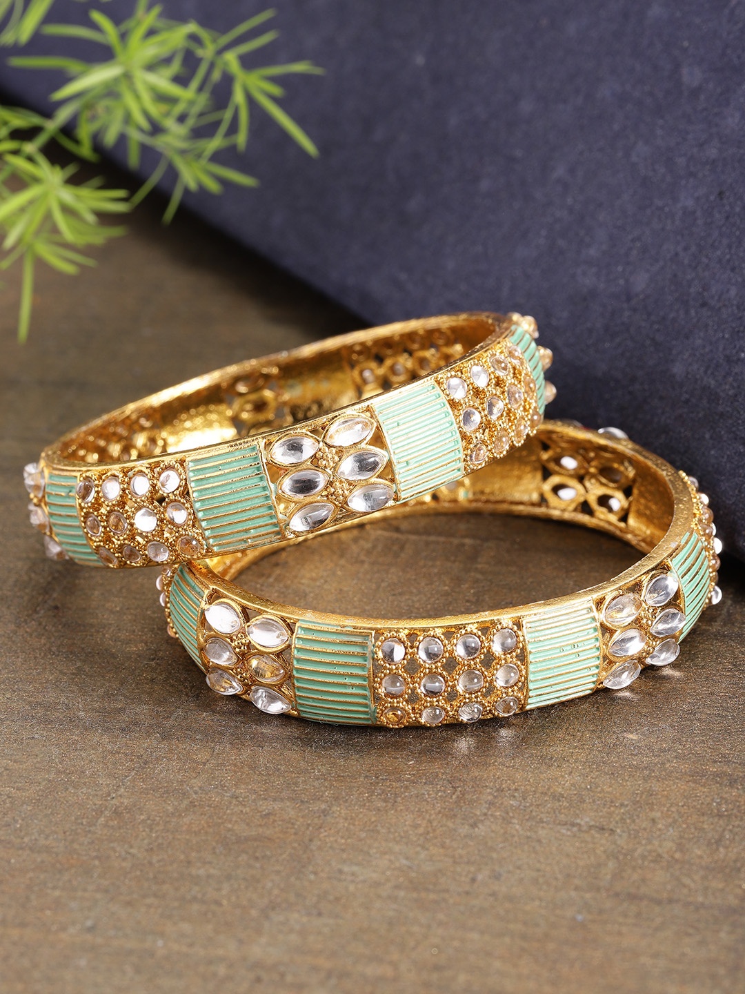 

Priyaasi Set of 2 Green Gold-Plated Stone-Studded & Enamelled Handcrafted Bangles