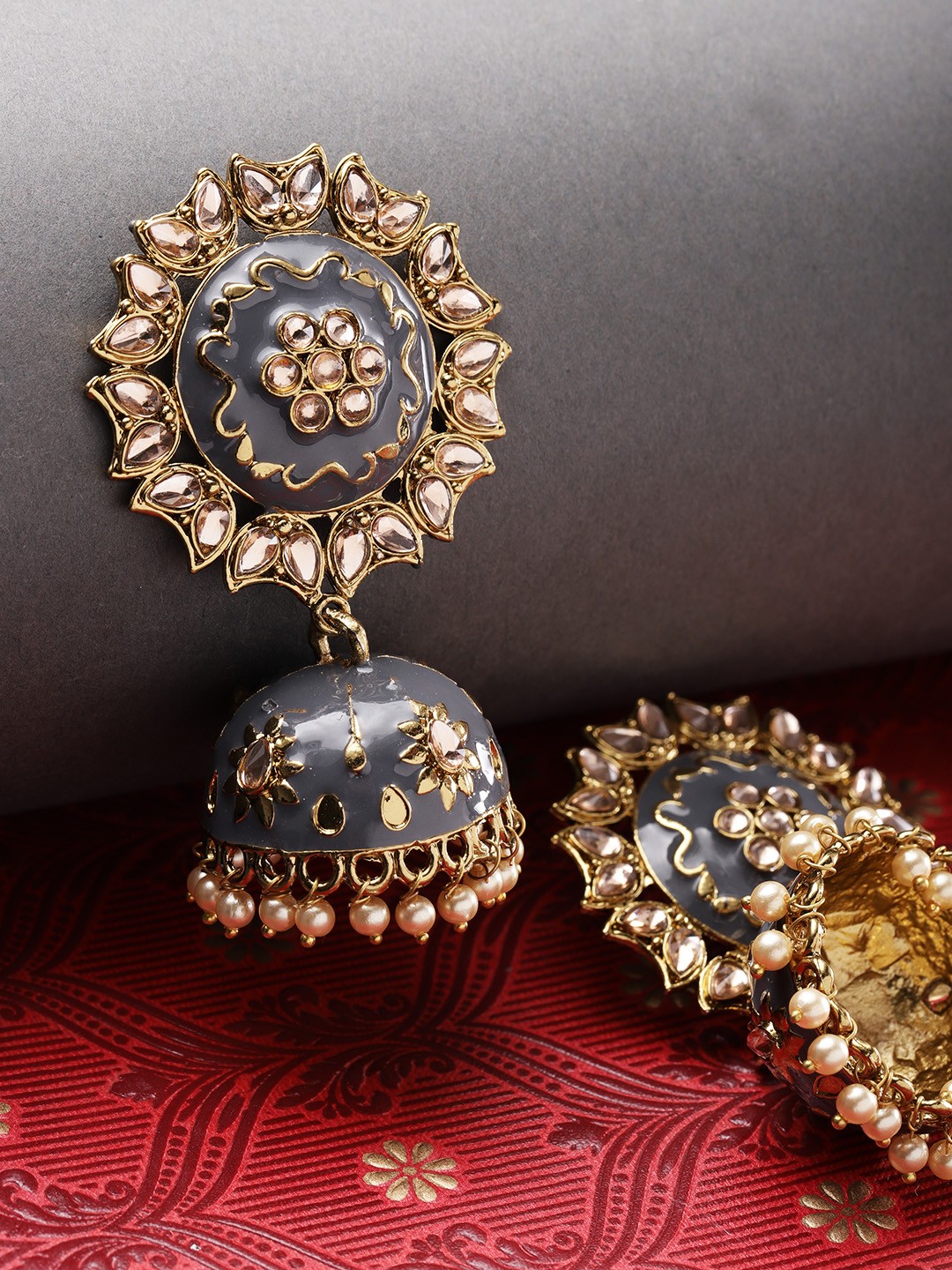 

Priyaasi Gold-Plated & Grey Handcrafted Dome Shaped Jhumkas