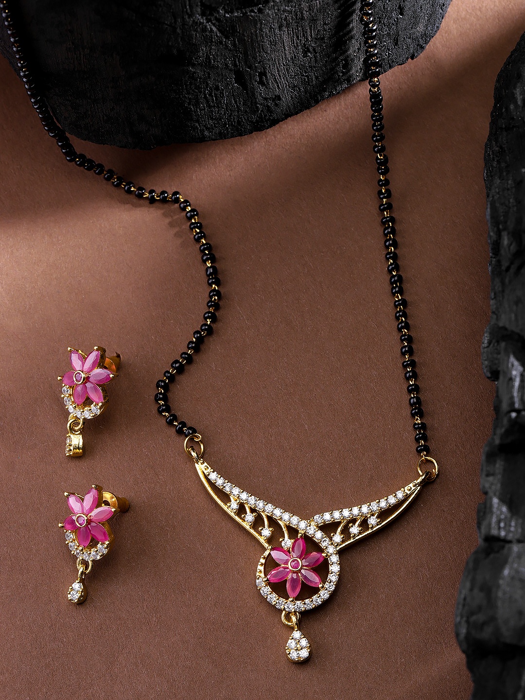 

Priyaasi Black & Pink Gold-Plated American Diamond Mangalsutra with Earrings Set