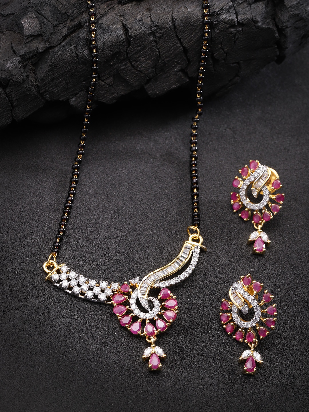 

Priyaasi Black & Pink Gold-Plated Stone Studded Mangalsutra with Earrings Set