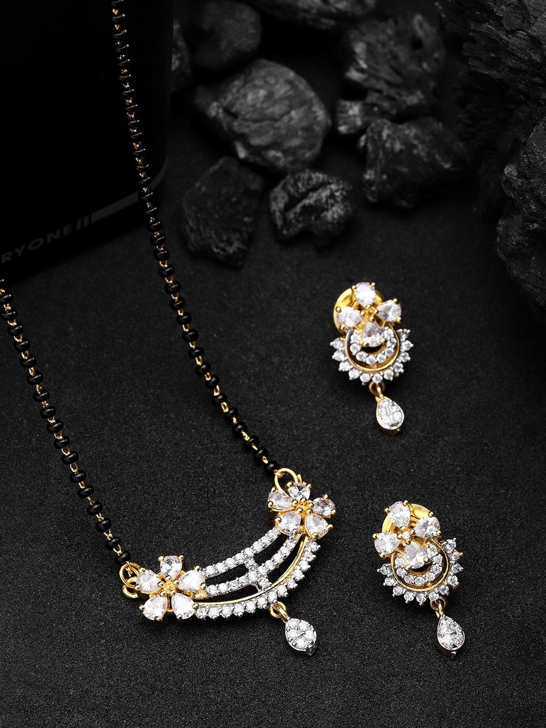 

Priyaasi Black Gold-Plated American Diamond Studded Mangalsutra with Earrings Set