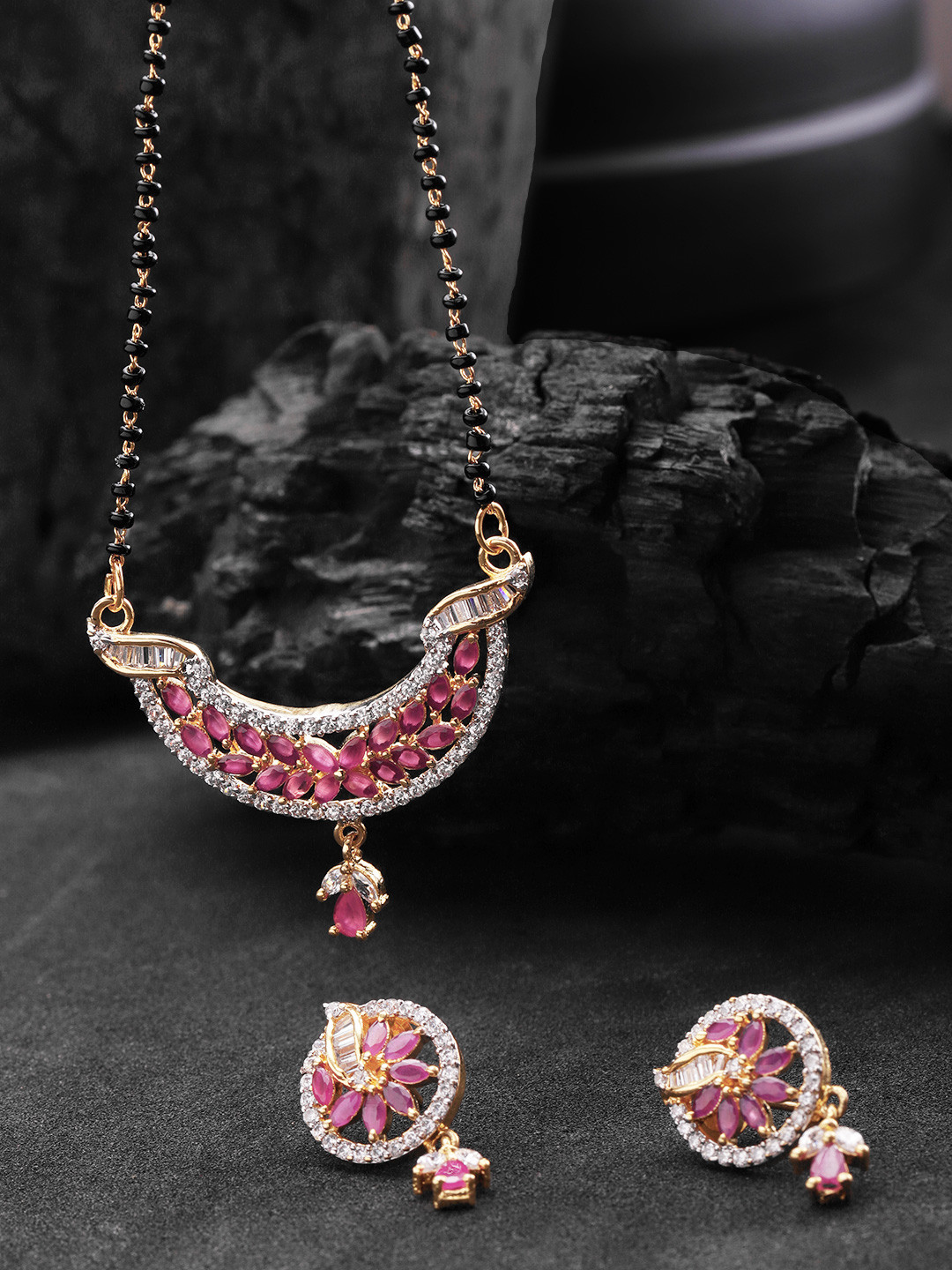 

Priyaasi Black & Pink Gold-Plated American Diamond Mangalsutra with Earrings Set