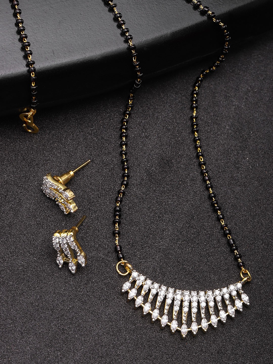 

Priyaasi Black Gold-Plated American Diamond Studded Mangalsutra with Earrings Set