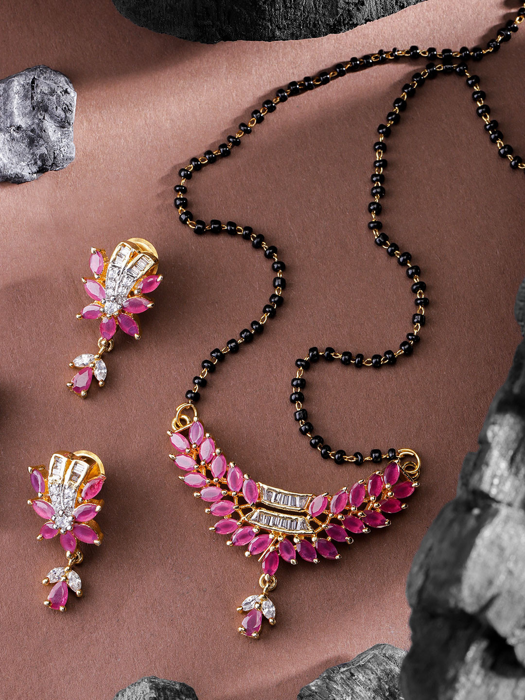 

Priyaasi Black & Pink Gold-Plated American Diamond Mangalsutra with Earrings Set