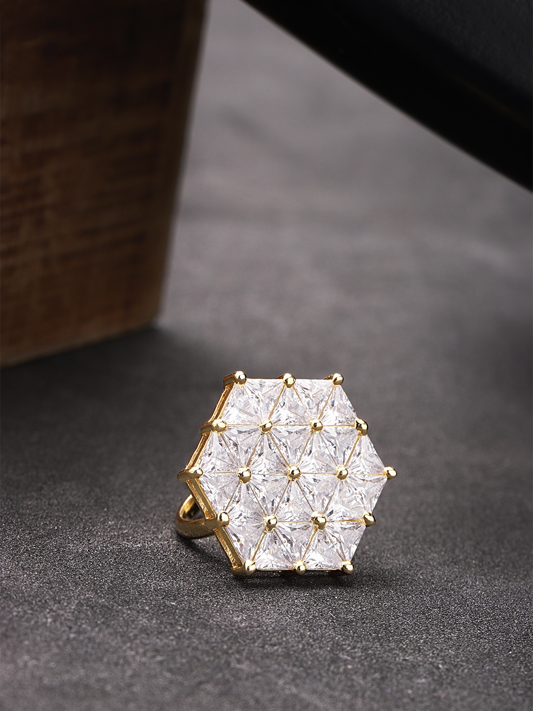 

Priyaasi Gold-Plated American Diamond Studded Handcrafted Adjustable Finger Ring