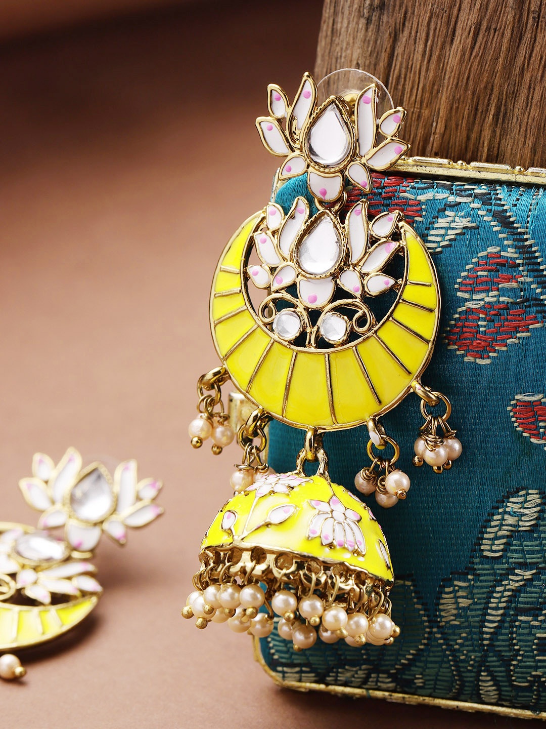 

Priyaasi Yellow Gold-Plated Hand Painted Kundan Studded Jhumkas