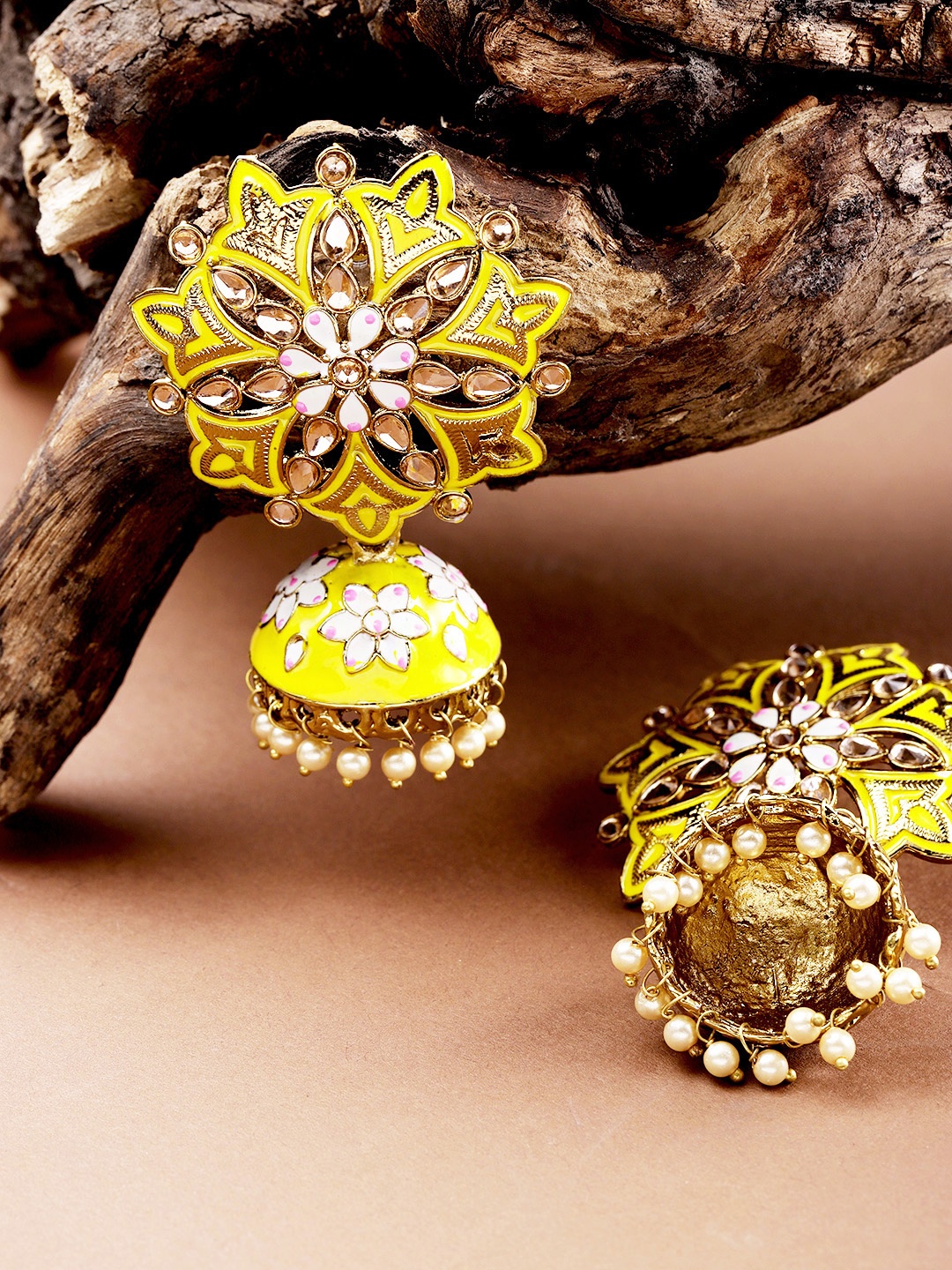 

Priyaasi Yellow Gold-Plated Enamelled Handcrafted Stone-Studded Floral Jhumkas