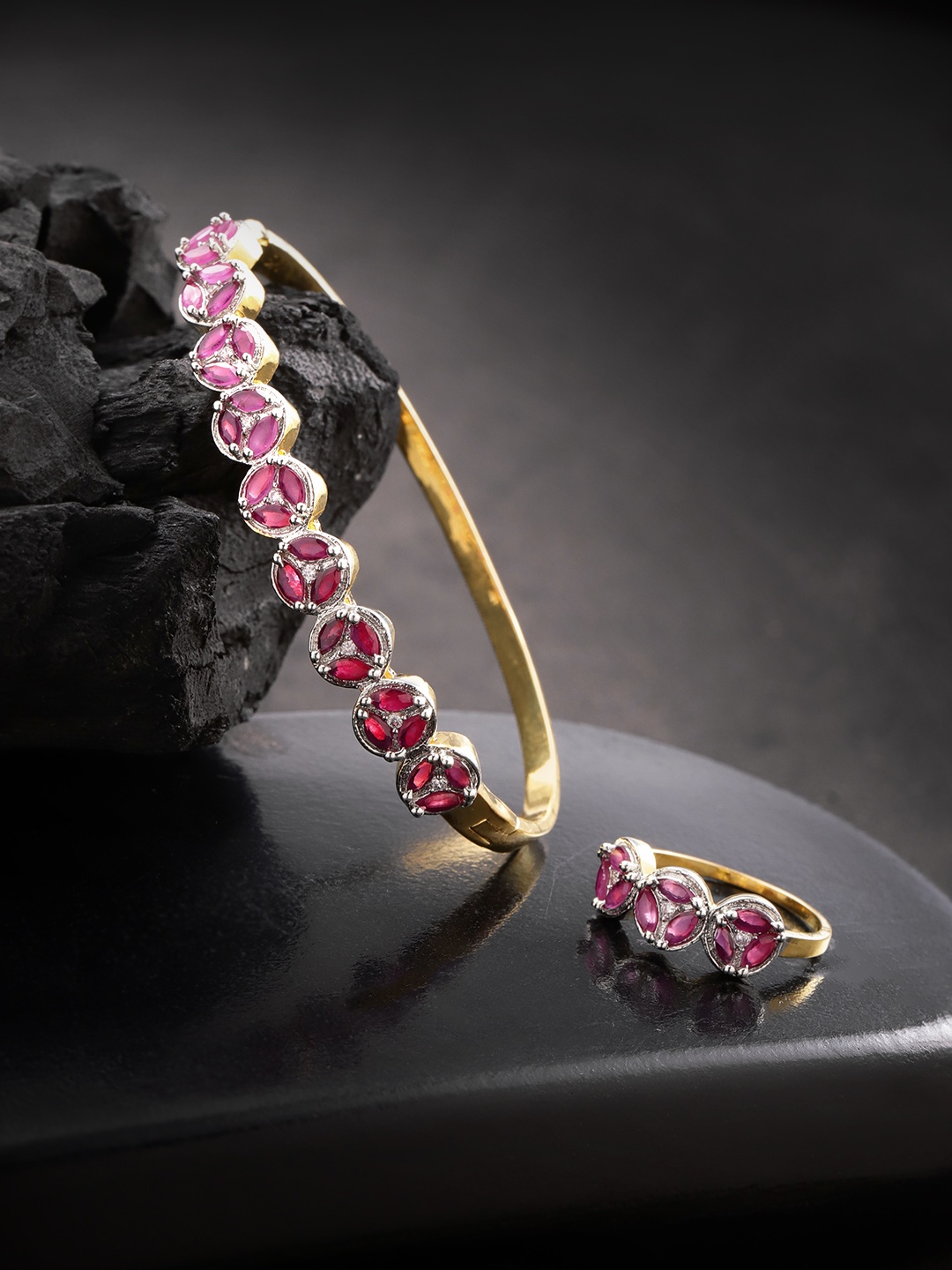 

Priyaasi Magenta Gold-Plated CZ Stone-Studded Handcrafted Jewellery Set
