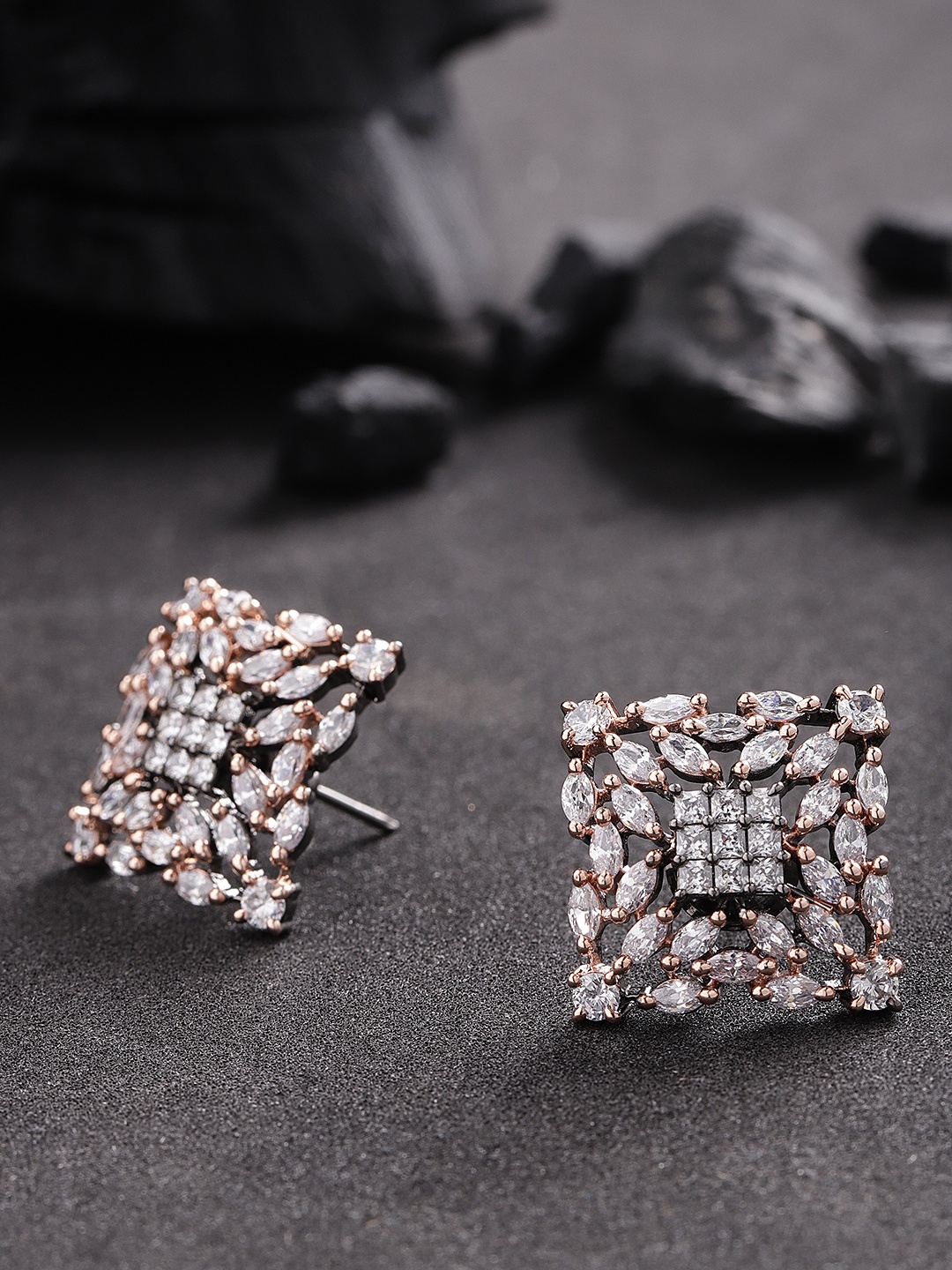 

Priyaasi Gunmetal-Toned Gold-Plated American Diamond Oversized Studs, Metallic