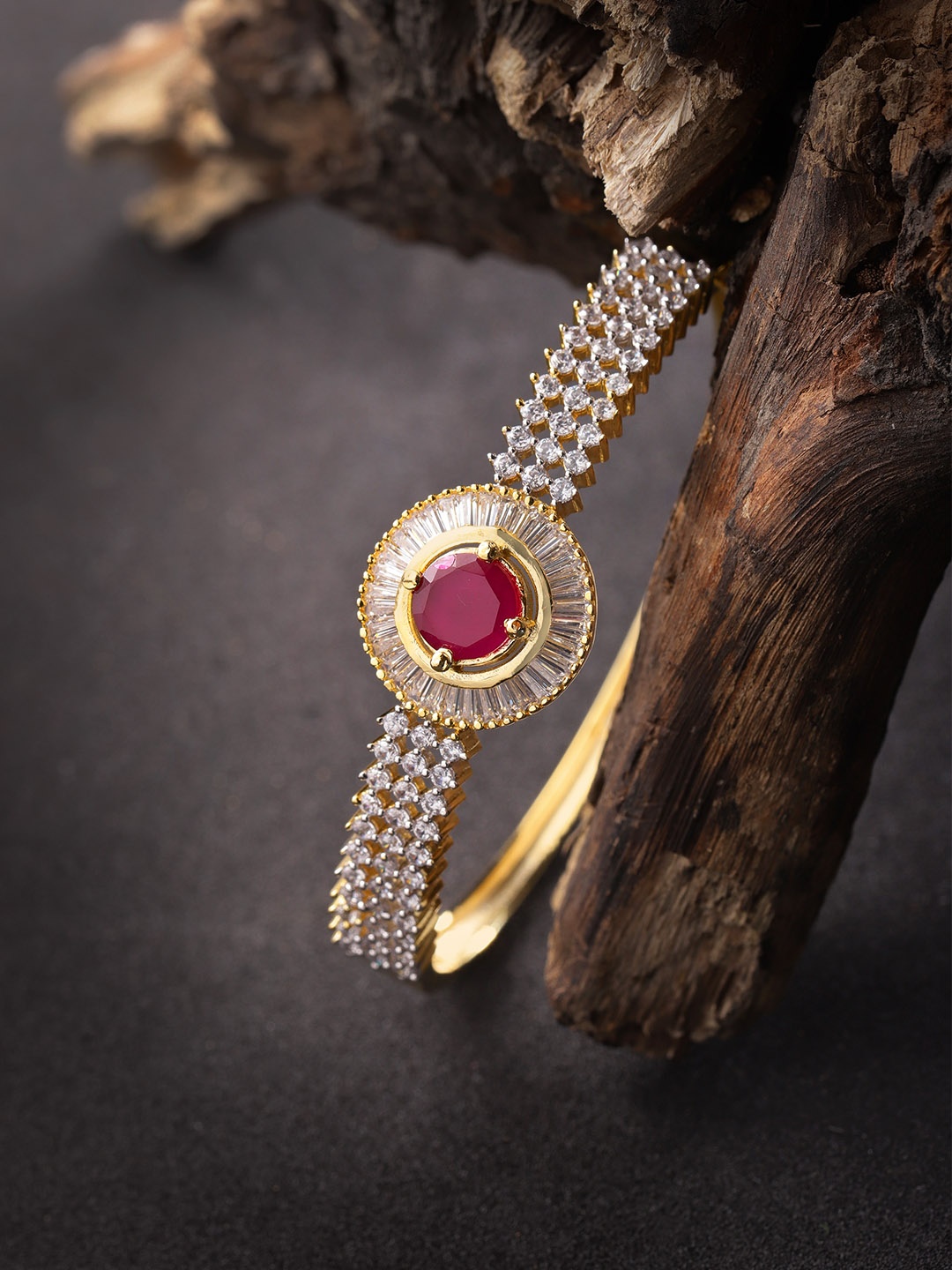 

Priyaasi Gold-Plated & Magenta Handcrafted American Diamond Studded Bangle-Style Bracelet