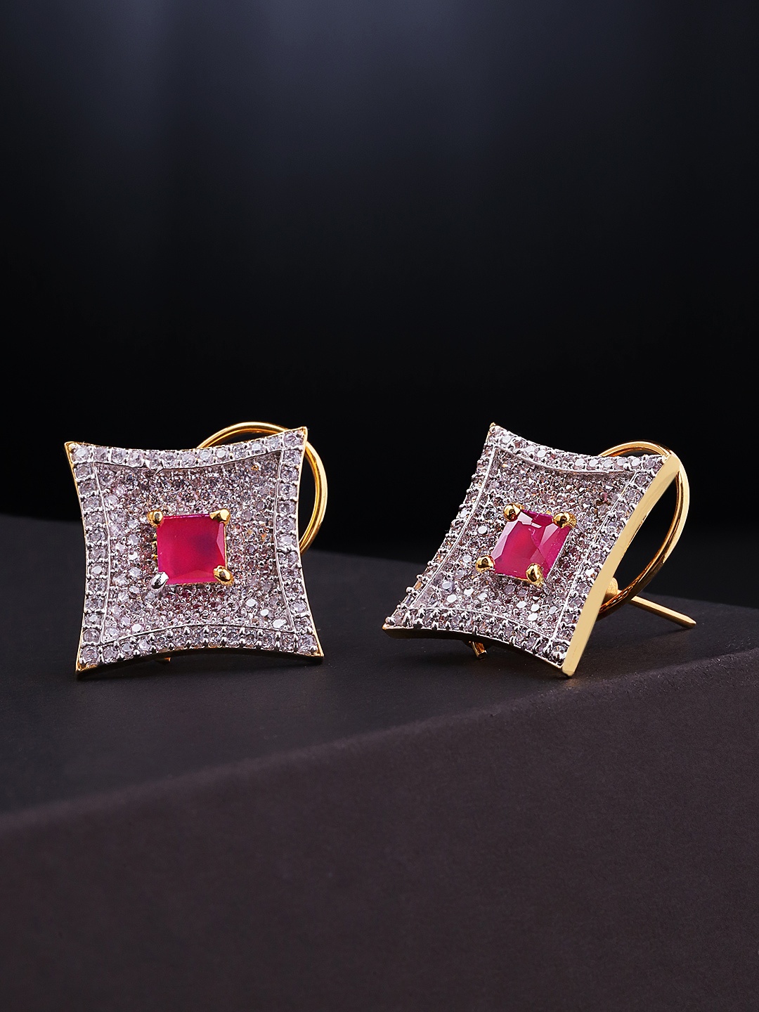 

Priyaasi Magenta Gold-Plated American Diamond Studded Oversized Stud Earrings