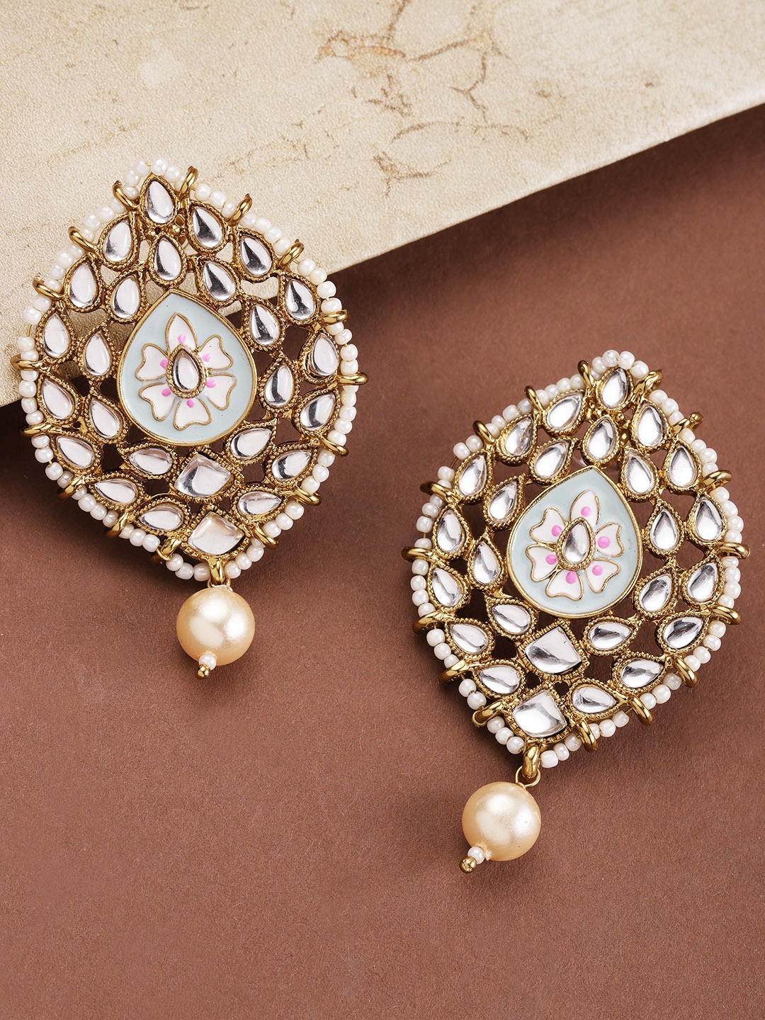 

Priyaasi Blue & Off-White Gold-Plated Handcrafted Leaf Shaped Drop Earrings