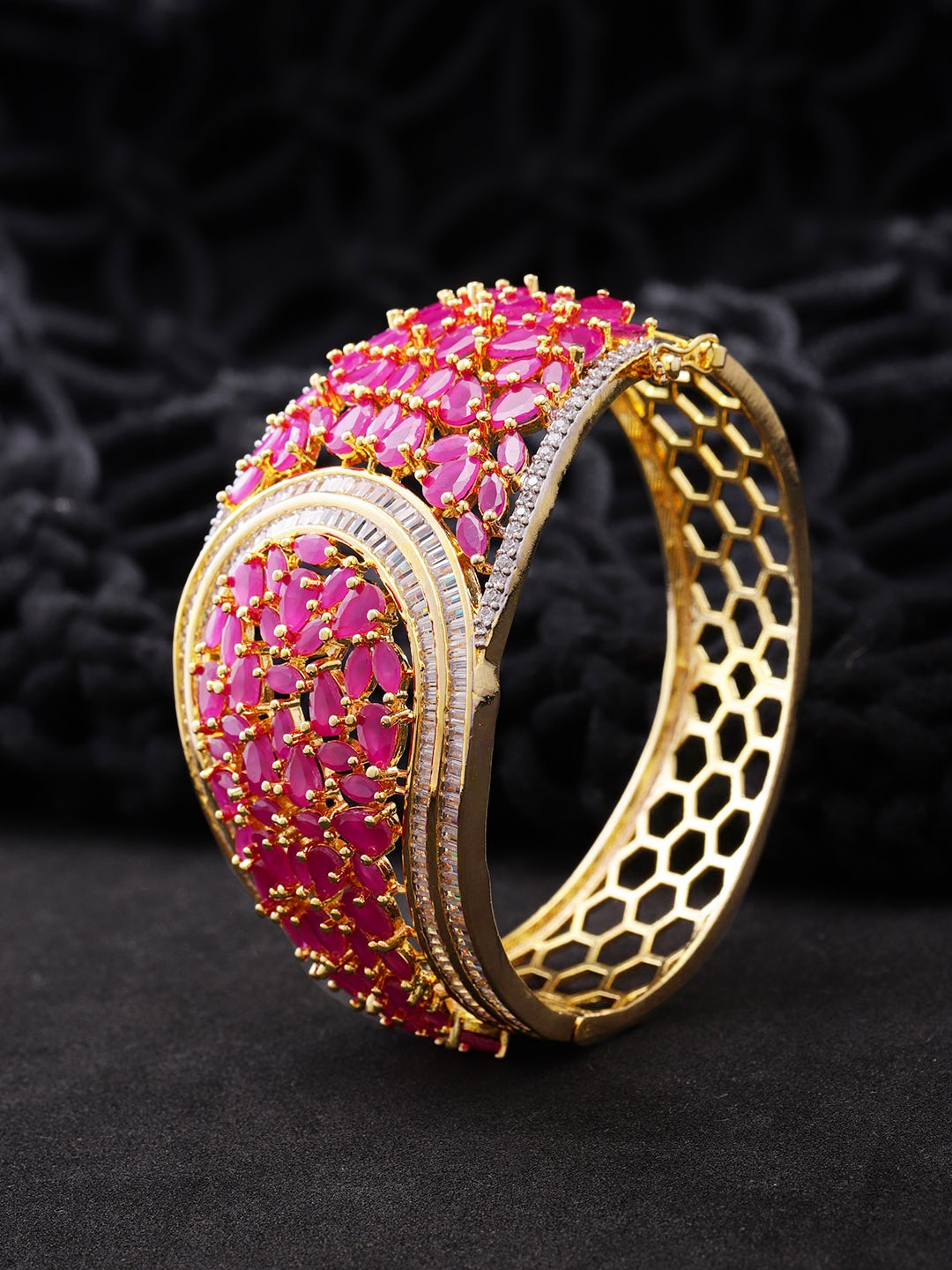 

Priyaasi Gold-Plated & Magenta American Diamond Studded Handcrafted Kada Bracelet