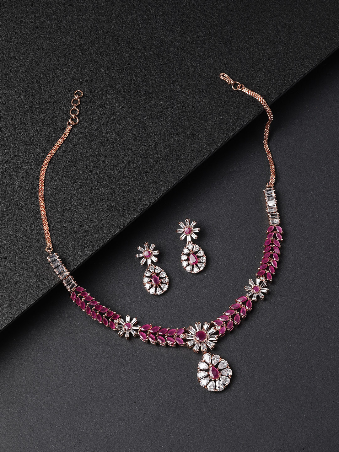 

Priyaasi Pink & Rose Gold-Toned Silver-Plated American Diamond Studded Jewellery Set