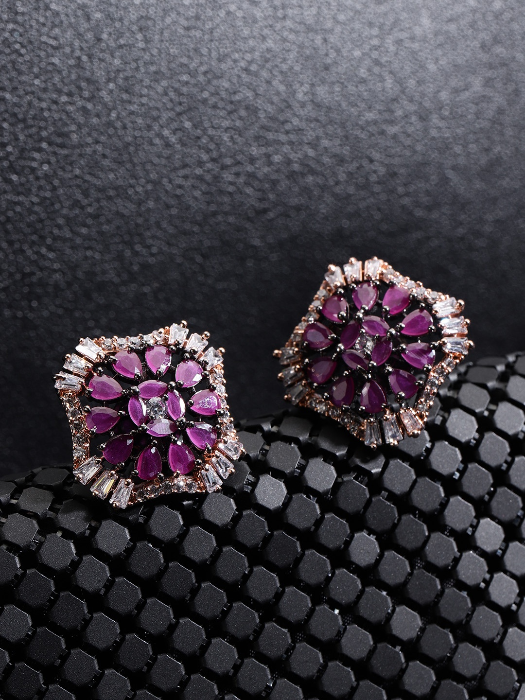 

Priyaasi Gunmetal-Toned & Magenta Gold-Plated American Diamond Oversized Studs, Metallic