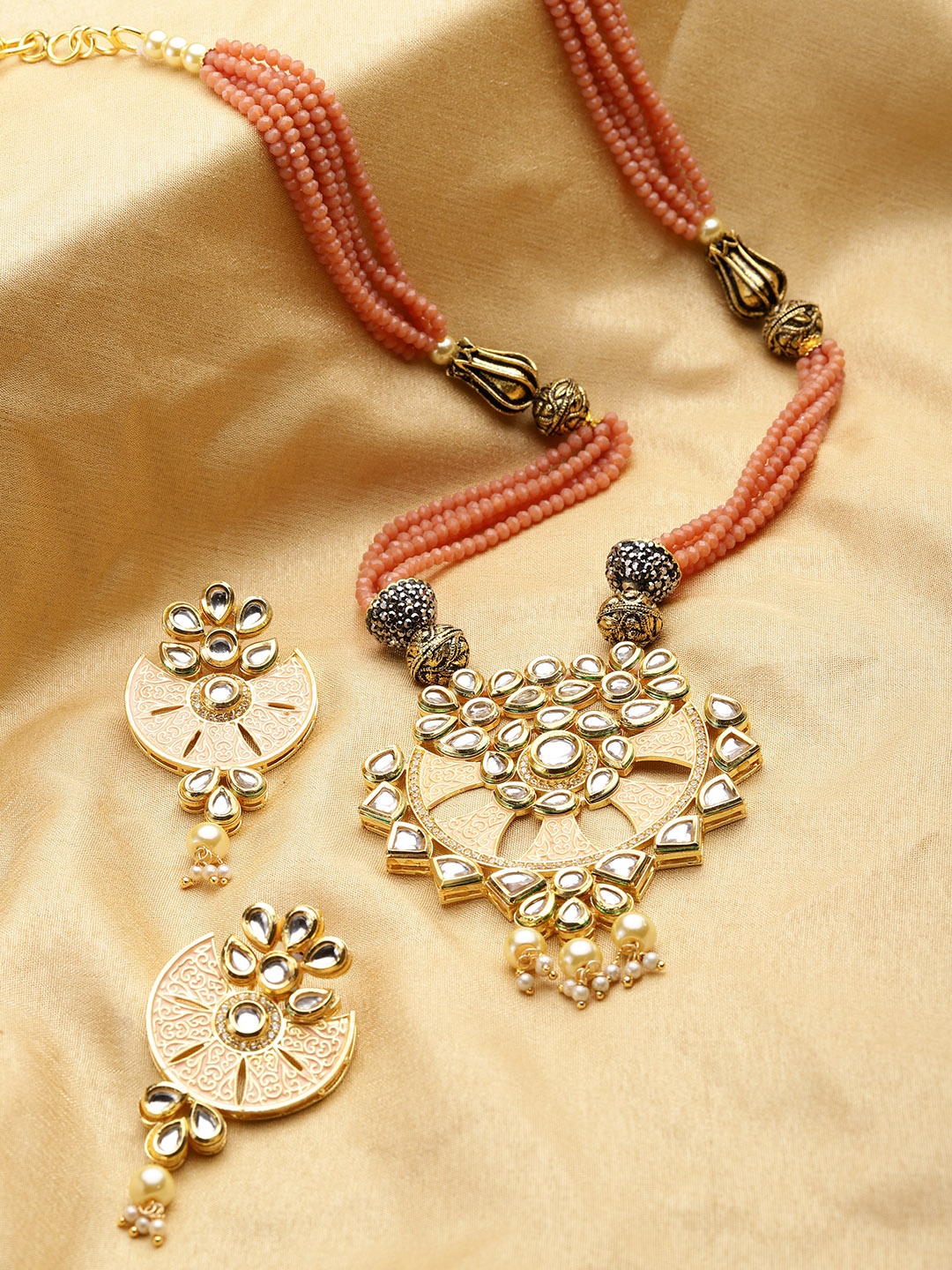 

Priyaasi Peach-Coloured Gold-Plated Kundan-Studded Enamelled Jewellery Set