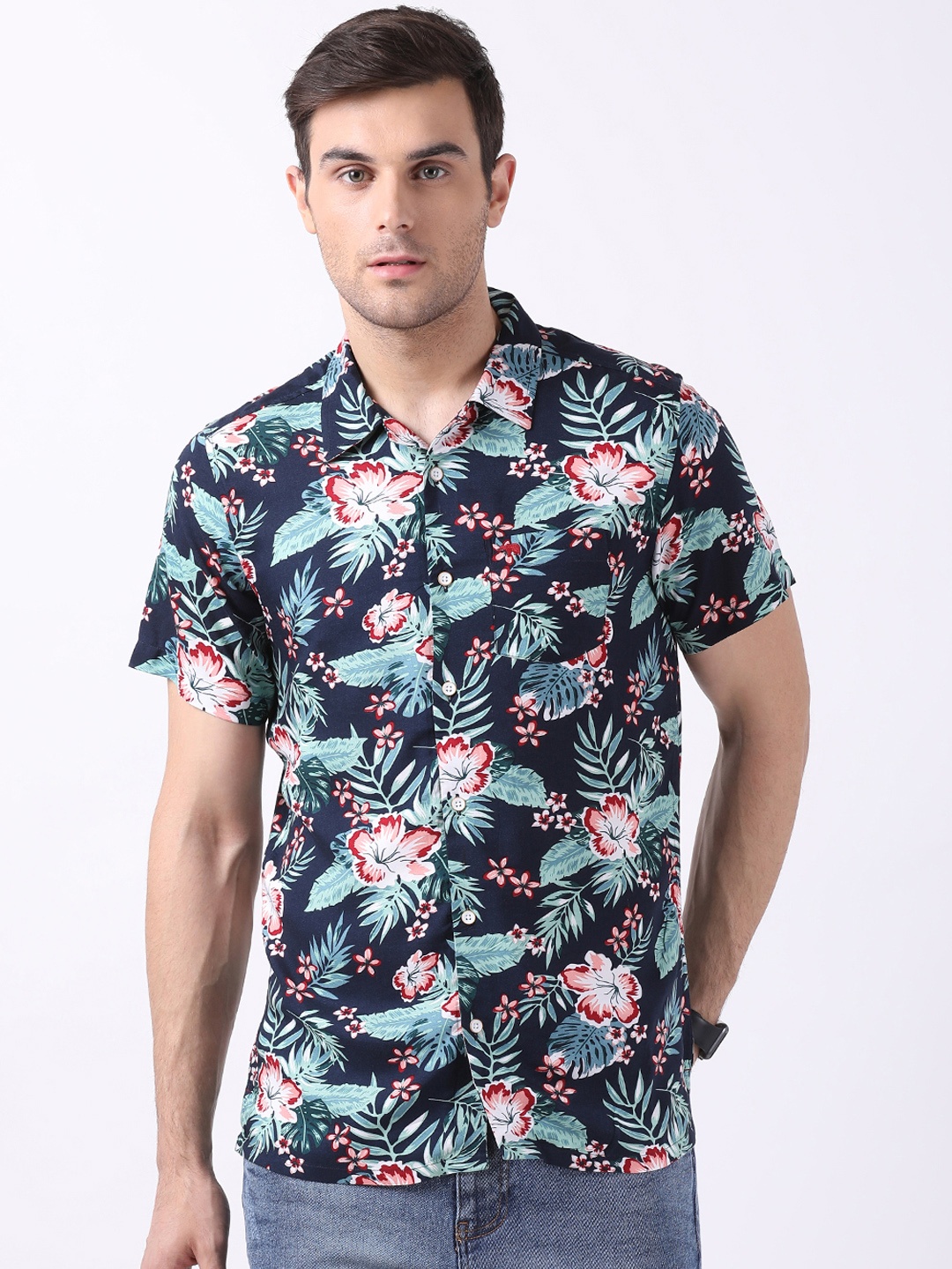 

THE BEAR HOUSE Men Blue & Green Slim Fit Floral Printed Casual Shirt