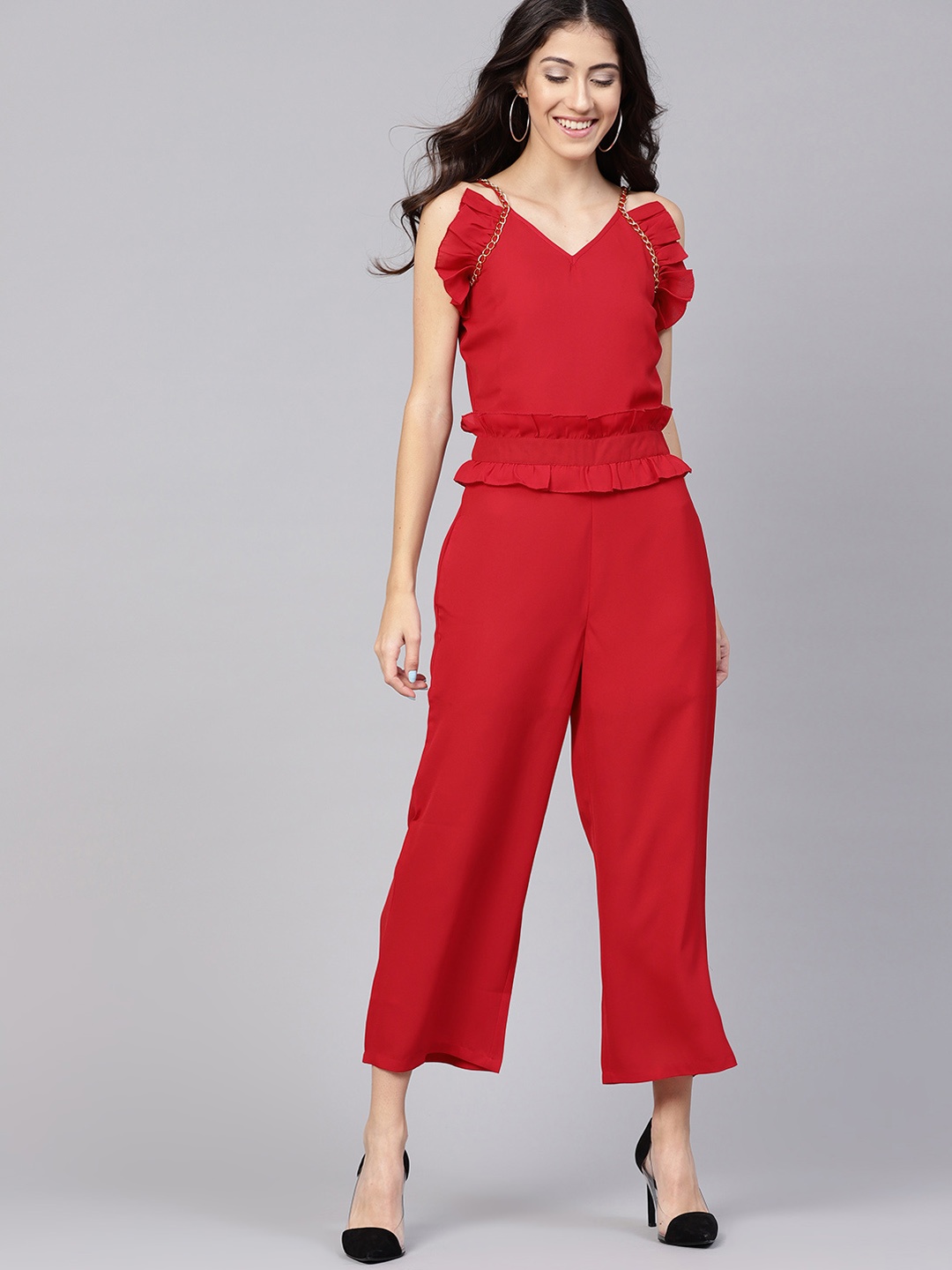 

STREET 9 Red Solid Basic Jumpsuit