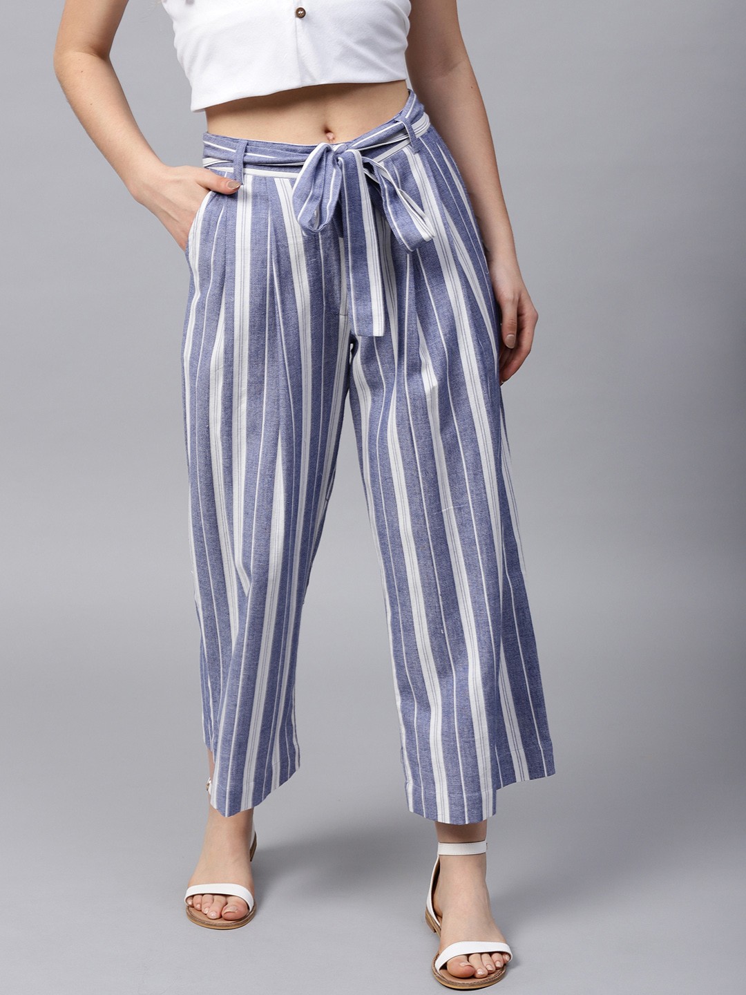 

STREET 9 Women Blue & White Loose Fit Striped Culottes