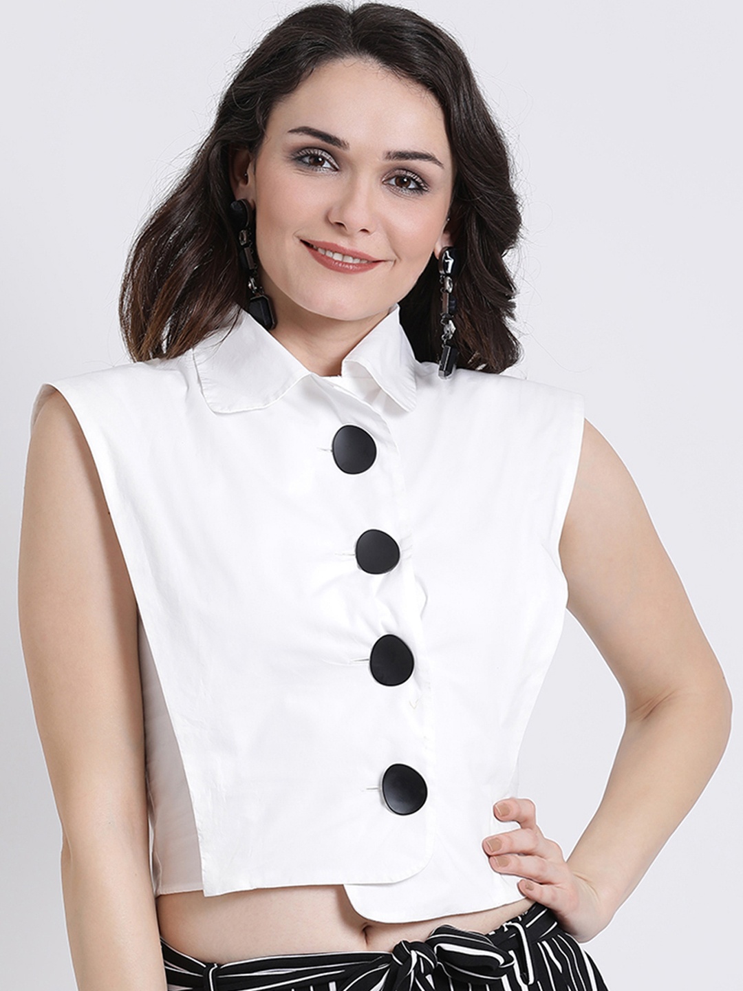 

Kazo Women White Regular Fit Solid Casual Crop Shirt