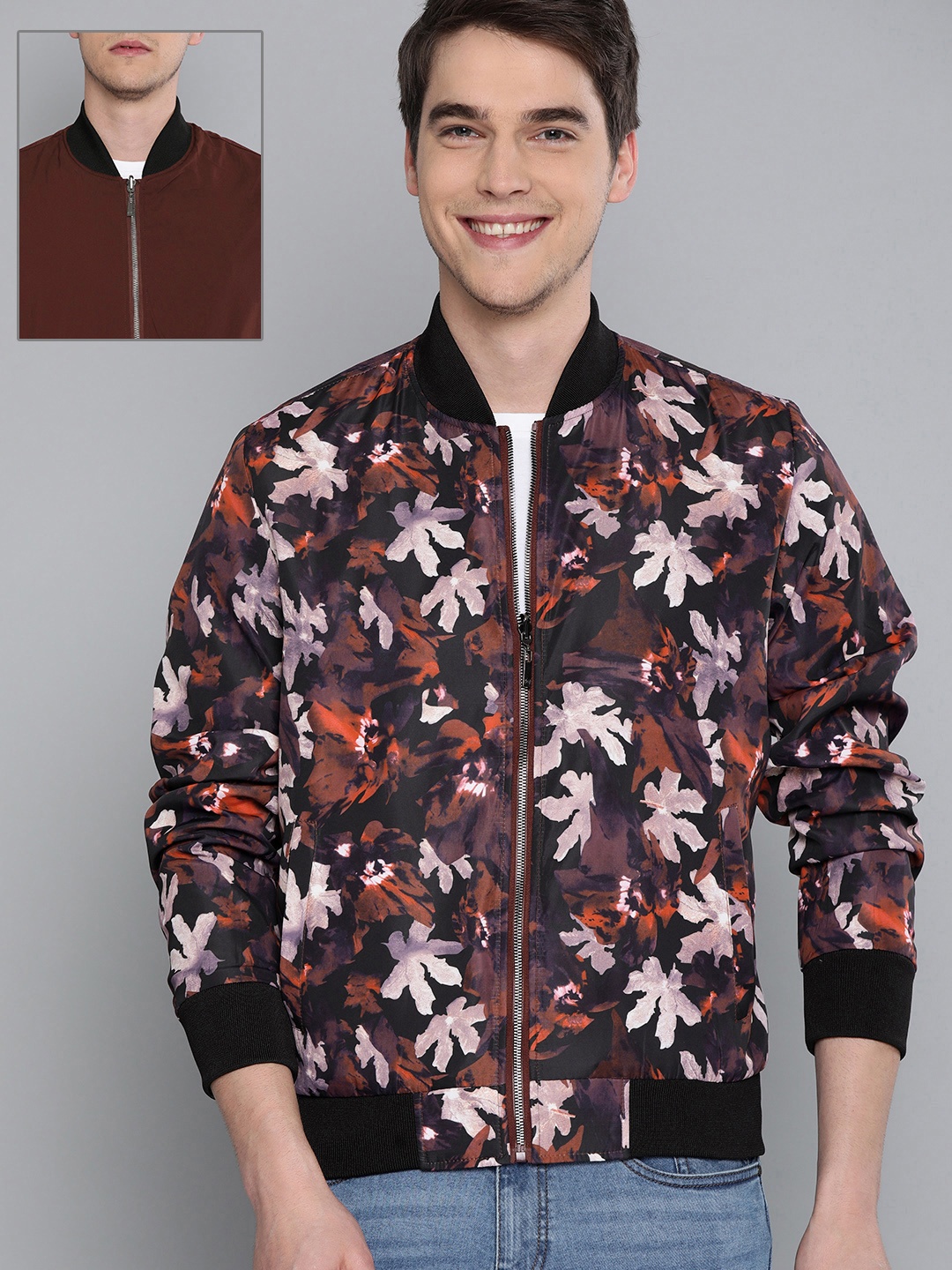 

Mast & Harbour Men Burgundy Printed Reversible Bomber Jacket