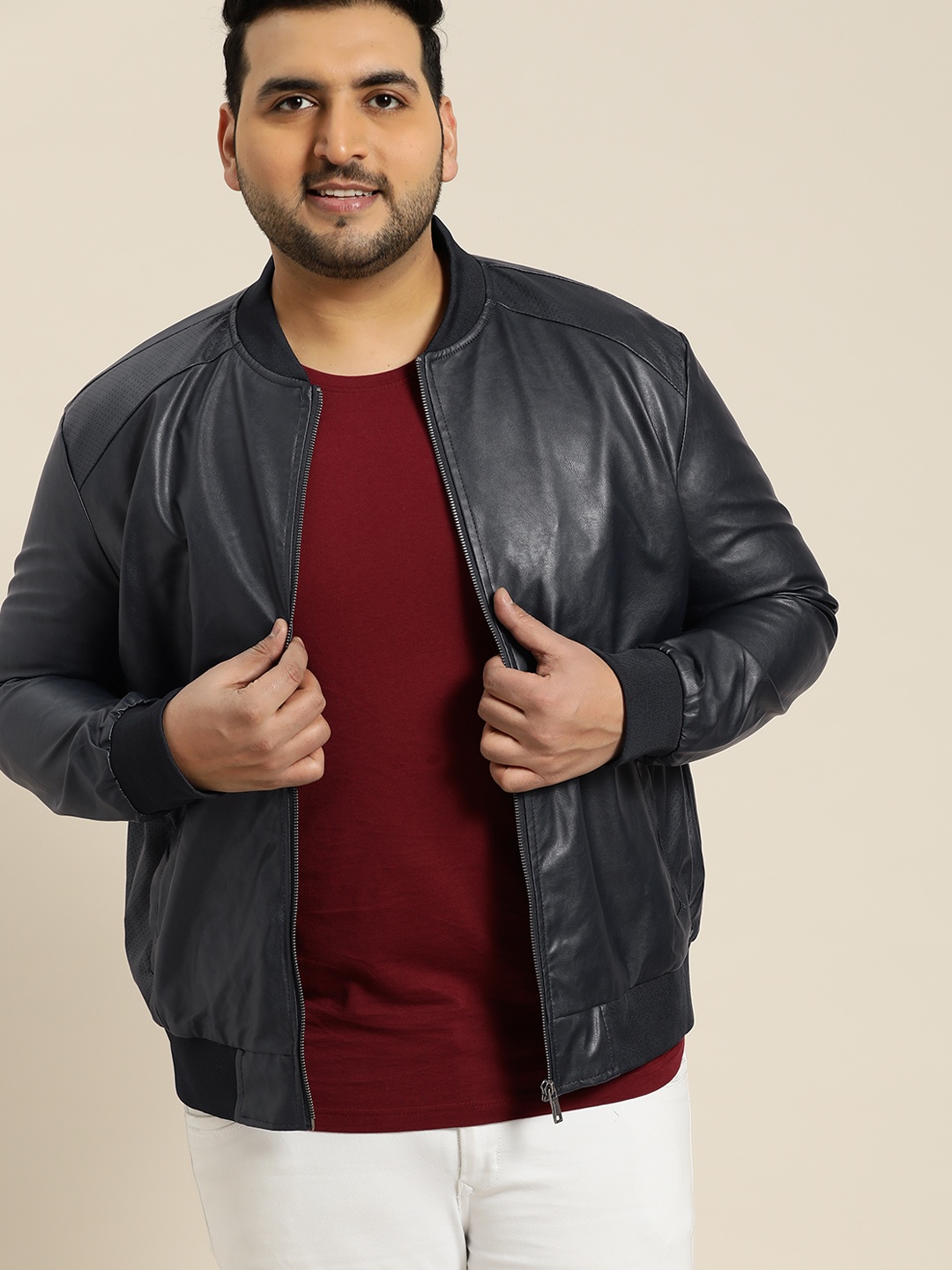 

Sztori Plus Size Men Navy Blue Solid Bomber Jacket
