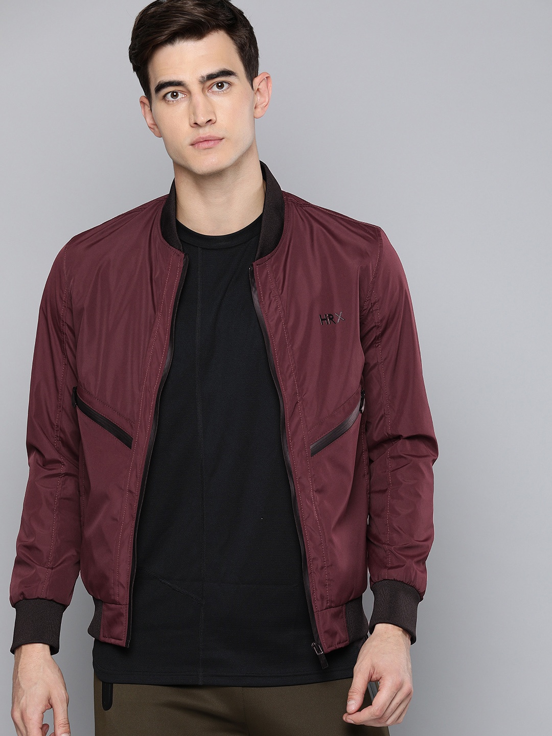 

HRX by Hrithik Roshan Active Men Burgundy Solid Bomber Jacket