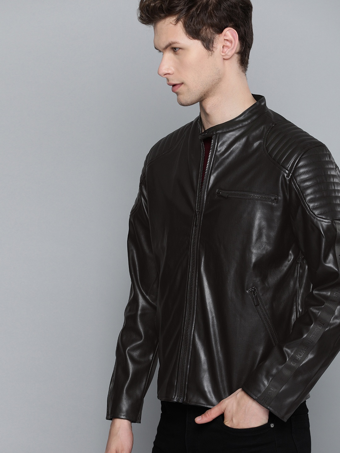 

Harvard Men Black Solid Biker Jacket