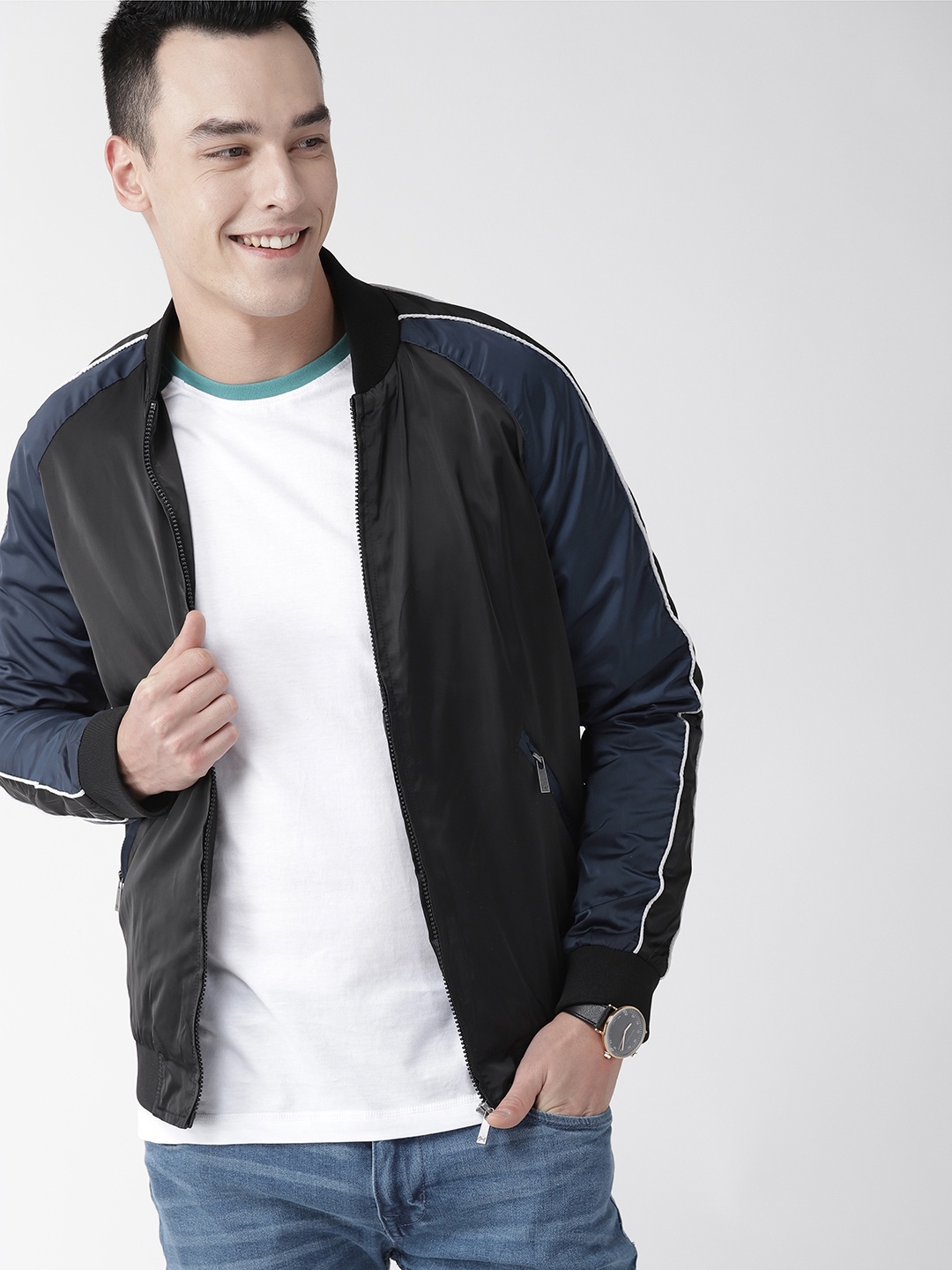

Mast & Harbour Men Black Solid Bomber Jacket