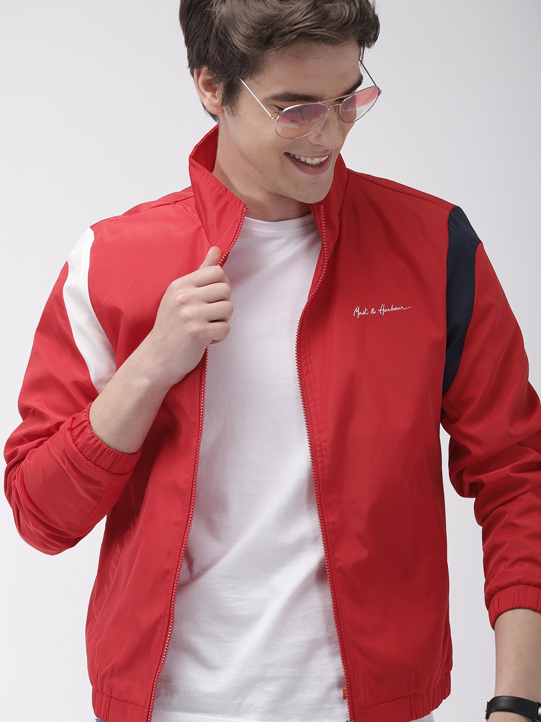 

Mast & Harbour Men Red Solid Lightweight Bomber Jacket