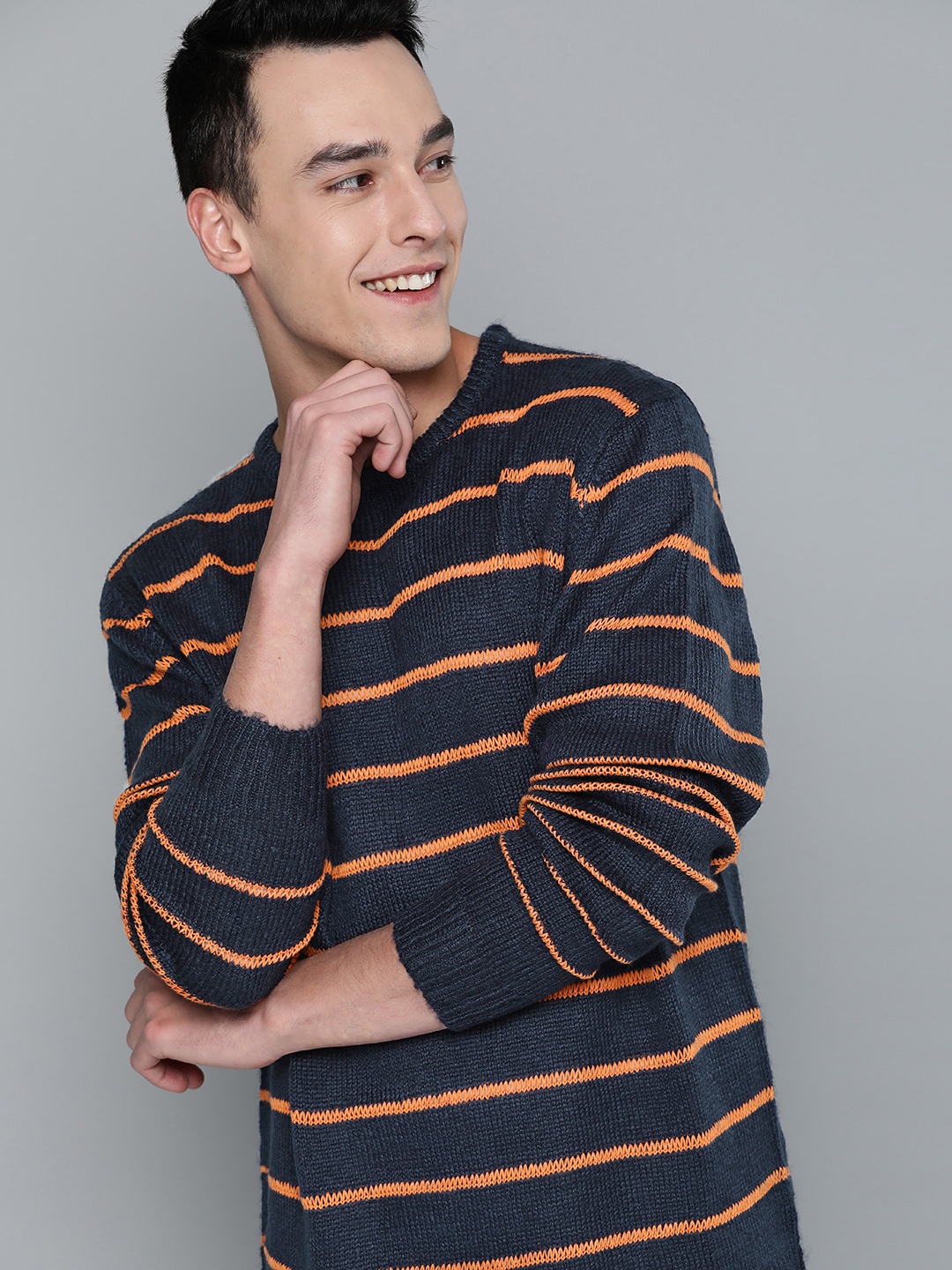 

Mast & Harbour Men Navy Blue & Orange Striped Sweater