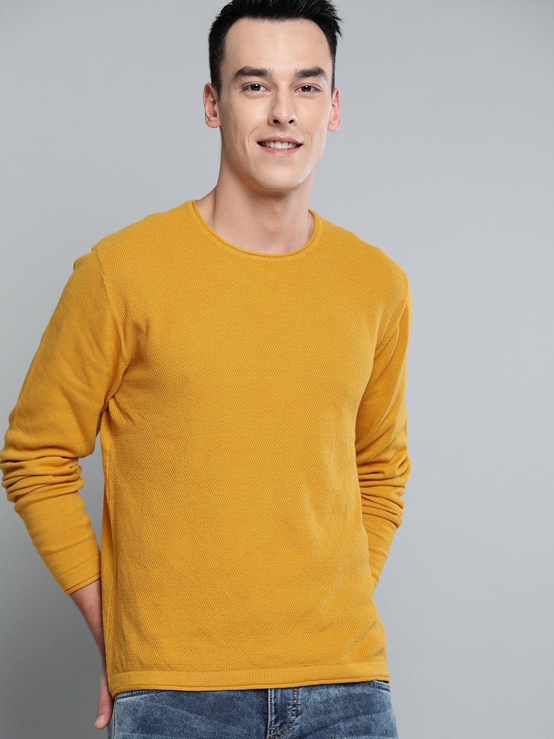 

Mast & Harbour Men Mustard Yellow Self Design Pullover Sweater