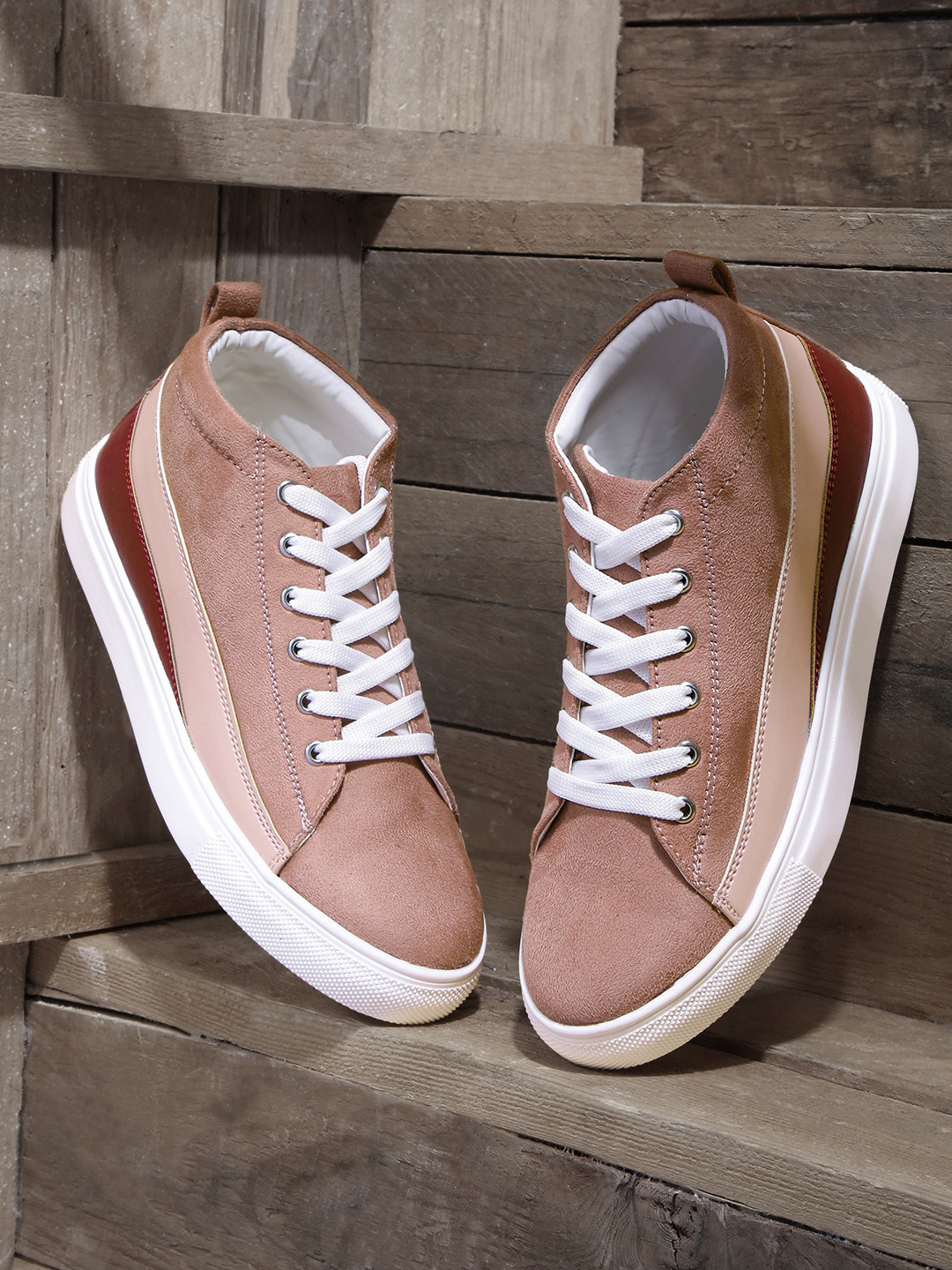 

The Roadster Lifestyle Co Women Dusty Pink & Maroon Colourblocked Mid-Top Sneakers
