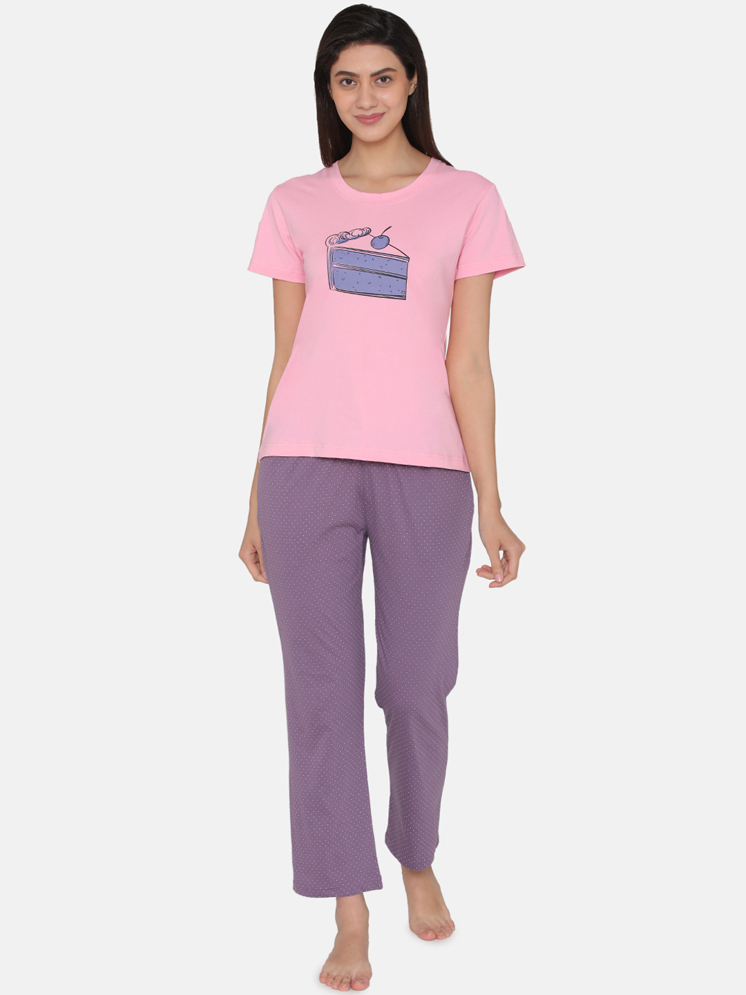 

Clovia Women Pink & Purple Printed Night suit LS0409P15