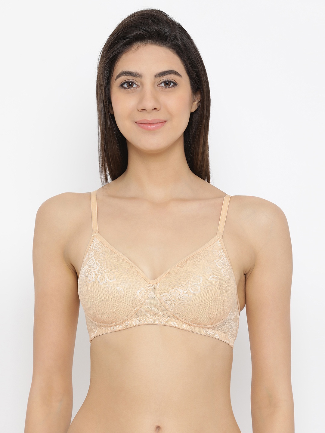 

Clovia Lace Padded Non-Wired Bra, Nude