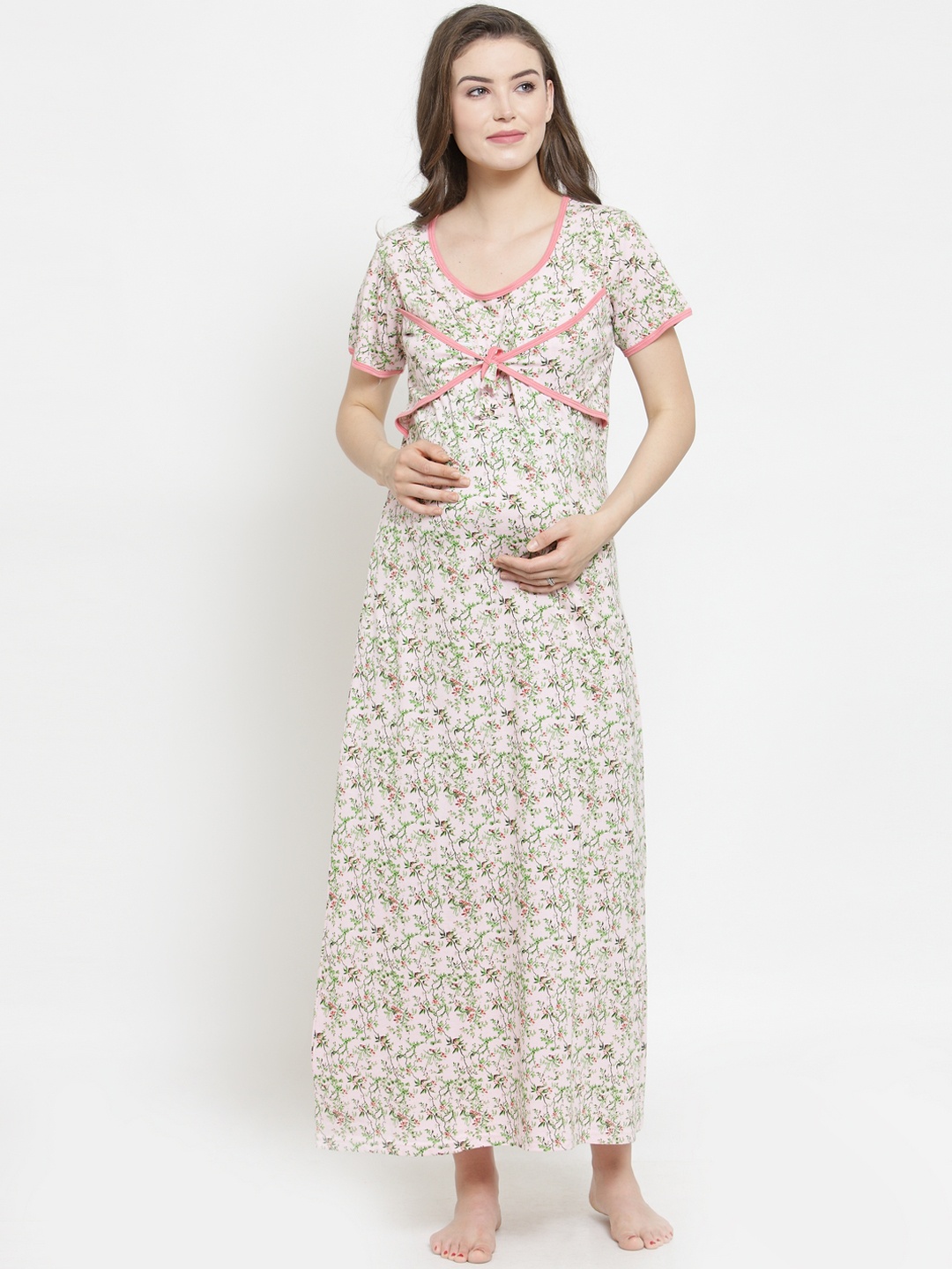 

Claura Pink & Green Printed Maternity Nightdress MT-02