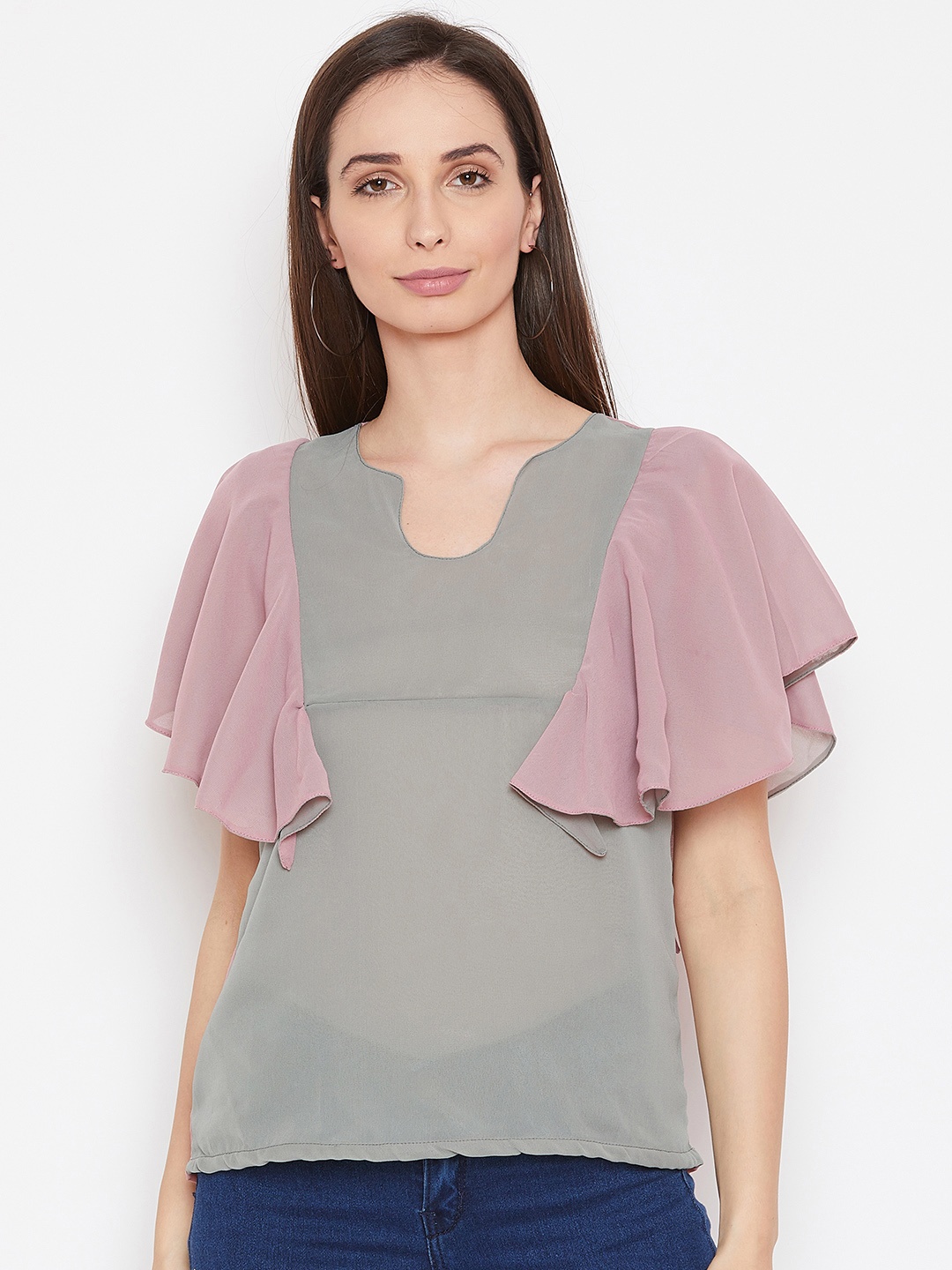 

Alsace Lorraine Paris Women Grey Solid Semi Sheer Top